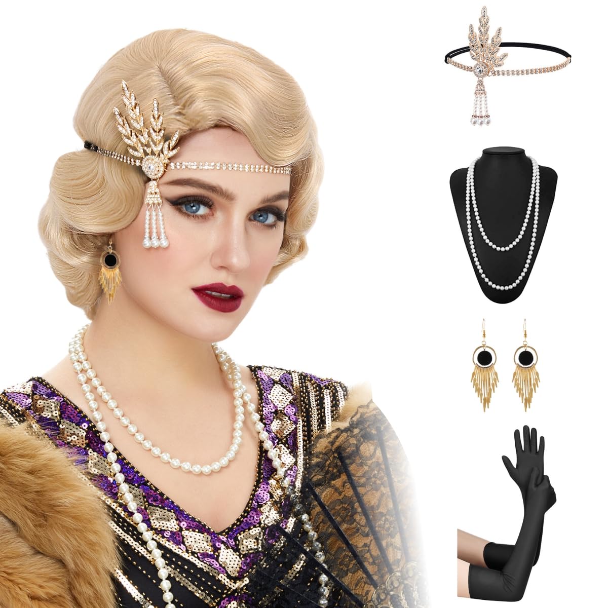 STfantasy Short Blonde 20S Flapper Wig with Headband+ Necklace+Earrings+Gloves Flapper Wave Curly Synthetic Hair for Women 1920s Cosplay Costume Halloween Party Daily Everyday Wear