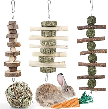 Rabbit Chew Toys for Teeth,Rabbit Toys Pet Supplies,Guinea Pig Toys,Pet Cage Entertainment Accessories Handmade for Bunny Chinchilla Guinea Pig Hamsters Rat Gerbil (with 3pcs Molar String)