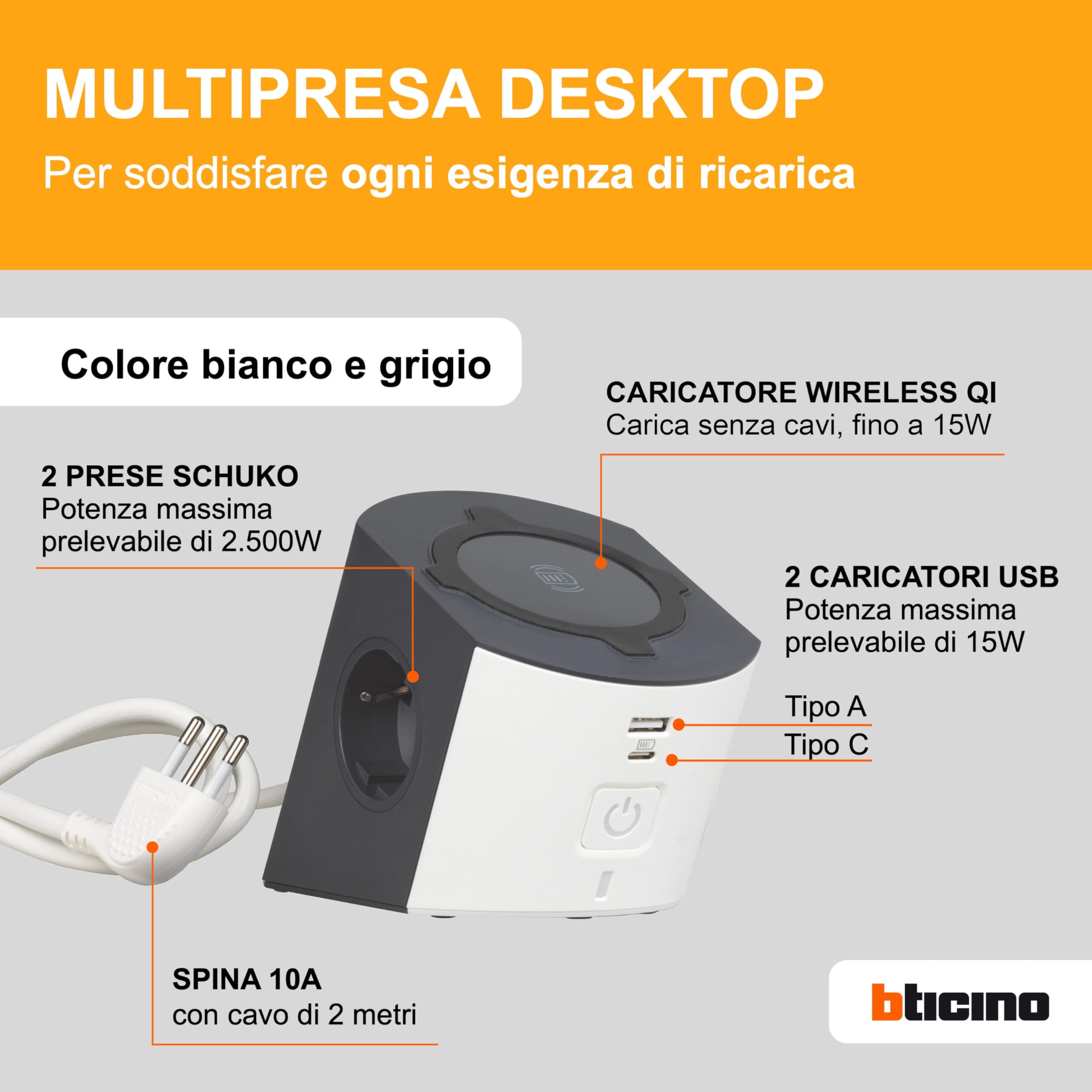 BTICINO Multipresa Desktop S3714DBUW, Multipresa Elettrica 5 Posti, Caricatore Wireless 15W, Prese USB A+C, 2 Prese Schuko, Ciabatta Elettrica con Interruttore e Led, Spina Piccola 10A, Cavo 2 Metri