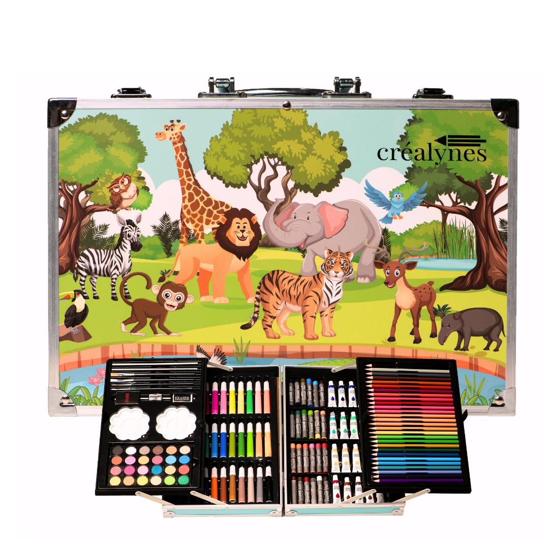 Maletín de dibujo infantil Los animales de la selva – Estuche grande de artista 145 piezas Dibujo, pintura y colorear para niño y niña – Kit de materiales, Lápices, Acuarela, Gomas, Pasteles