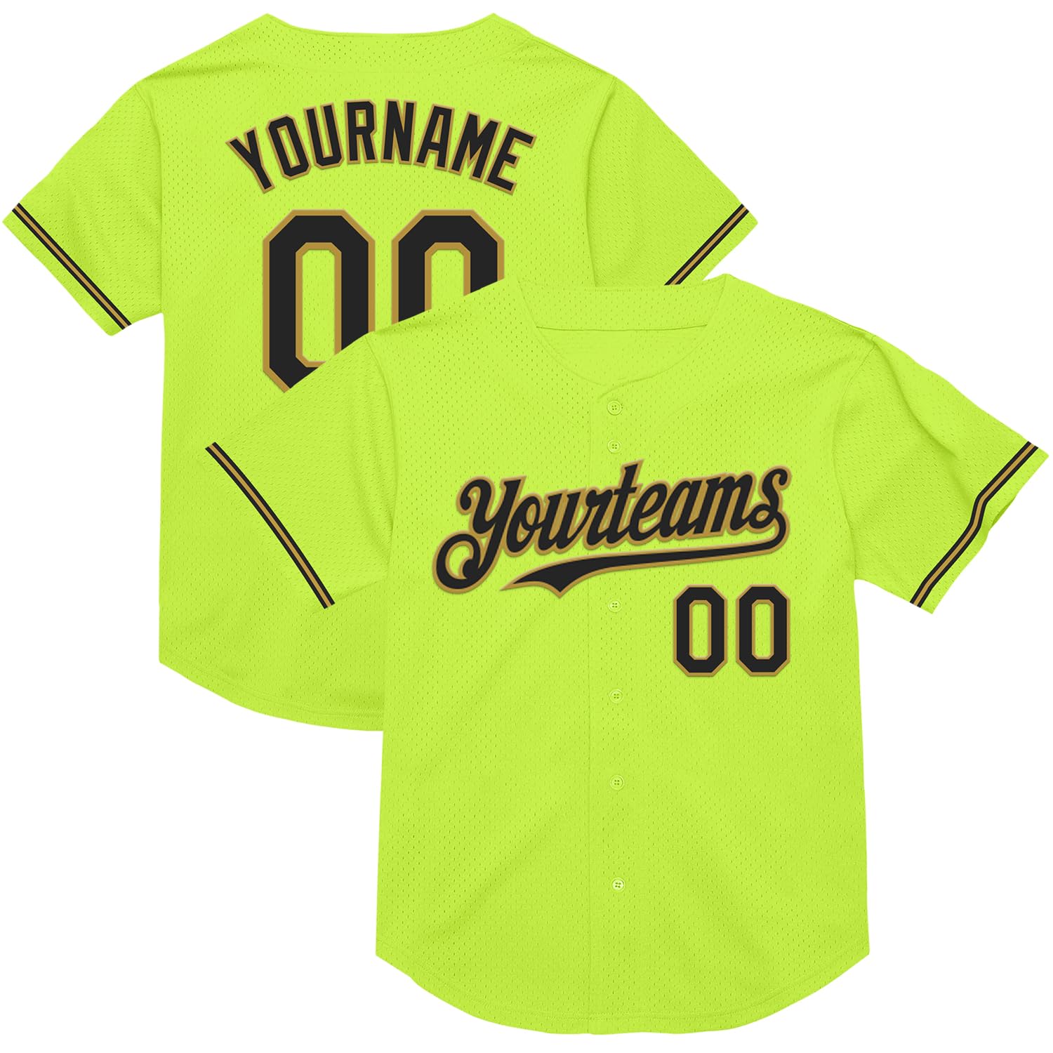 Neon Green Mesh Baseball Jersey Custom Men Women Boys Girls Full Button Softball Uniforms Personalized Youth Short Sleeve Sports Tee Shirts Stitched Black and Old Gold Name Number Plain Blank T-Shirts