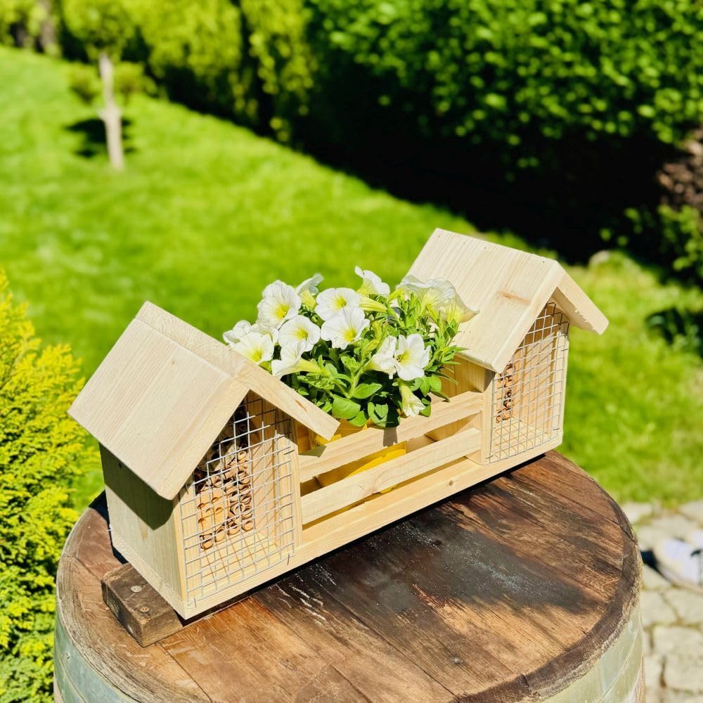 Hotel per insetti in legno fatto a mano, misura L, per api selvatiche, casetta per insetti, fioriera naturale, 20 x 48 x 14 cm (altezza x larghezza x profondità), resistente alle intemperie
