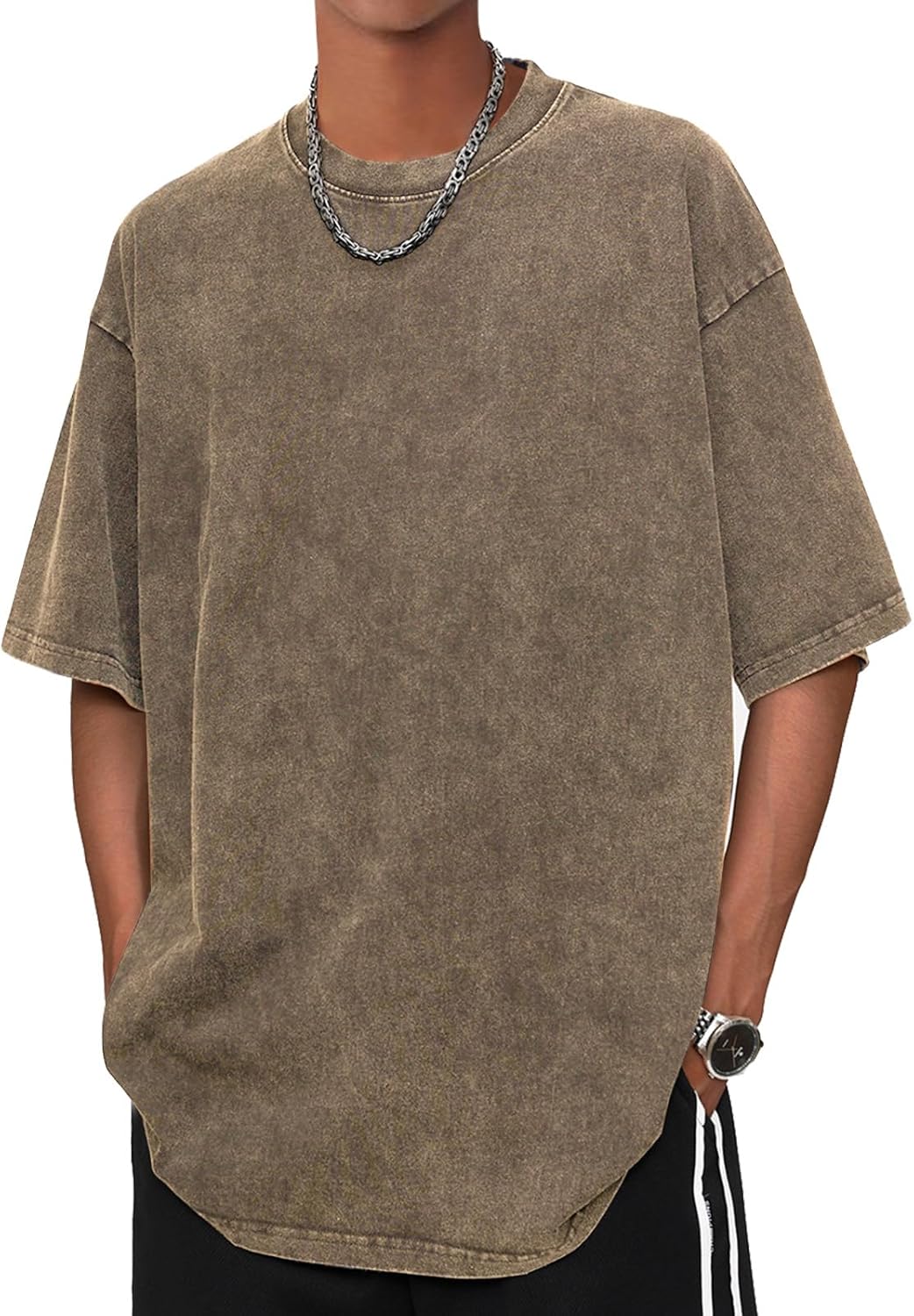 Aelfric Eden Mens Oversized Vintage T Shirts Acid Wash Cotton Solid Tee Shirt Drop Shoulder Streetwear Basic Tees Tops Sand