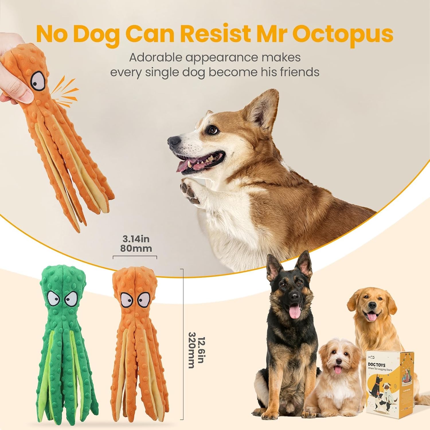 Dog Squeaky Toys Octopus - No Stuffing Crinkle Plush Dog Toys for Puppy Teething, Durable Interactive Chew Toys for Small, Medium and Large Dogs Training and Reduce Boredom, 2 Pack (Orange+Purple)