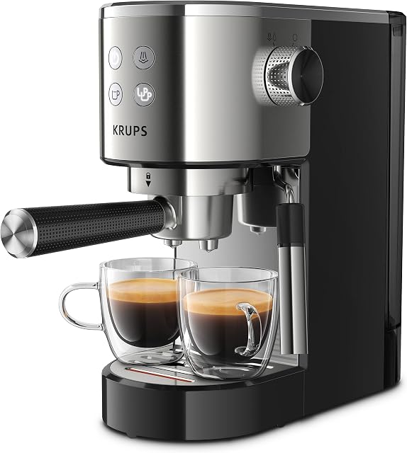 KRUPS Virtuoso ekspres do kawy ze stali nierdzewnej automatyczny, kompaktowy, 2 kubki, dysza parowa do cappuccino i gorącej wody XP442C11