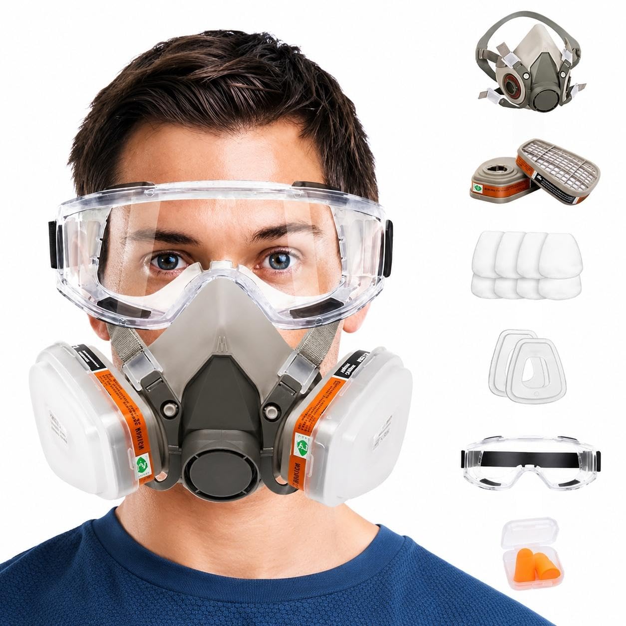 Half Face Respirator Mask Kit with Safety Goggles, Dual Activated Carbon Filters, Reusable Silicone Face Mask for Spray Painting, Woodworking, Sanding, Construction & Chemical Protection-image-33
