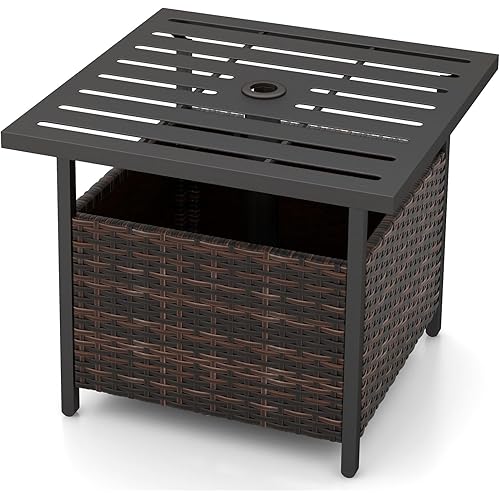 Giantex Outdoor Side Table with Umbrella Hole, 22" Wicker Umbrella Stand Holder and Base, Weather-Resistant PE Rattan Patio End Table for Deck Garden Poolside (Metal Tabletop, Brown)