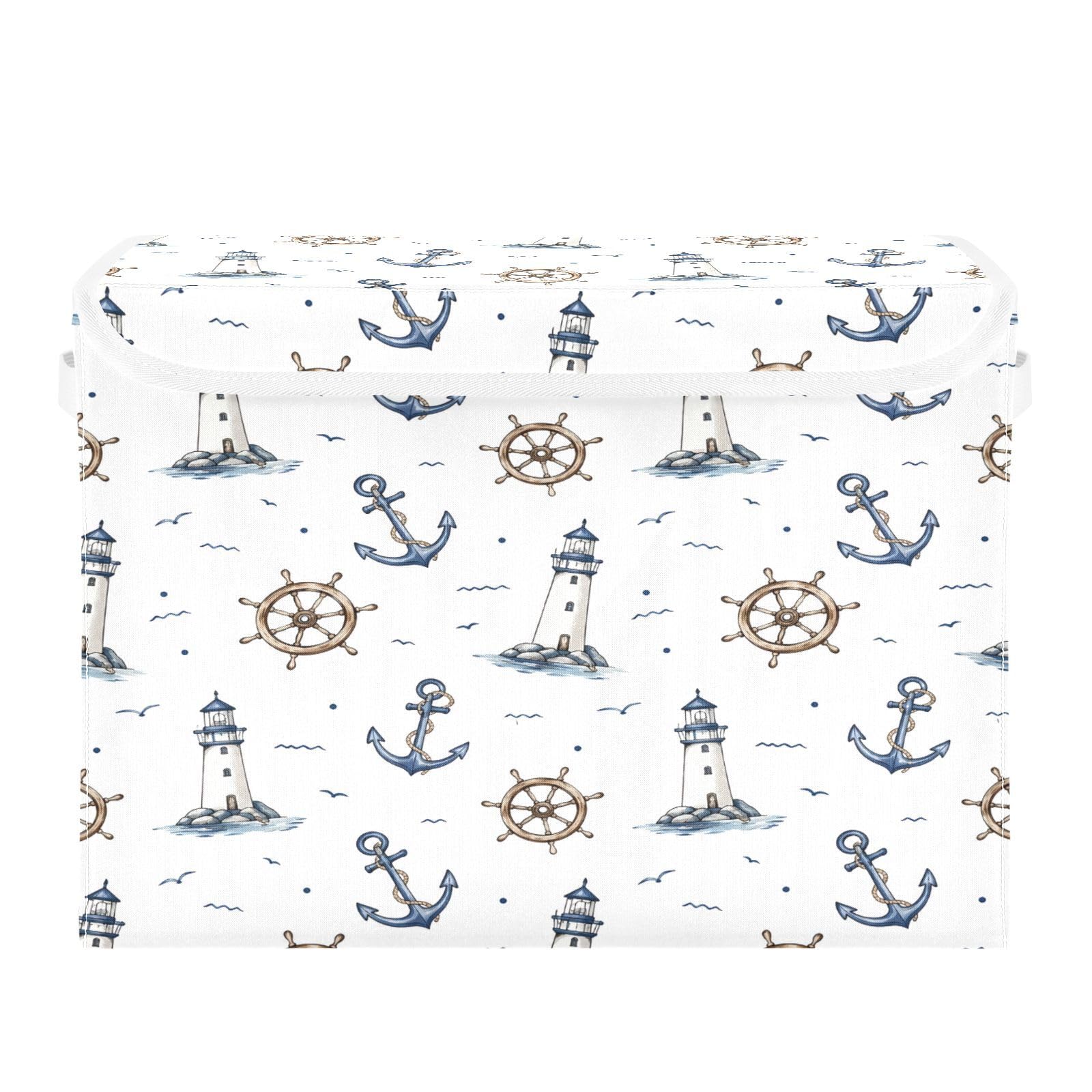 Ewusp Ship Anchors Rudder Fabric Storage Bin with Lid, Decorative Foldable Storage Basket with Handles, Stackable Closet Shelf Organiser Box for Clothes, Books, Bedroom, Living Room