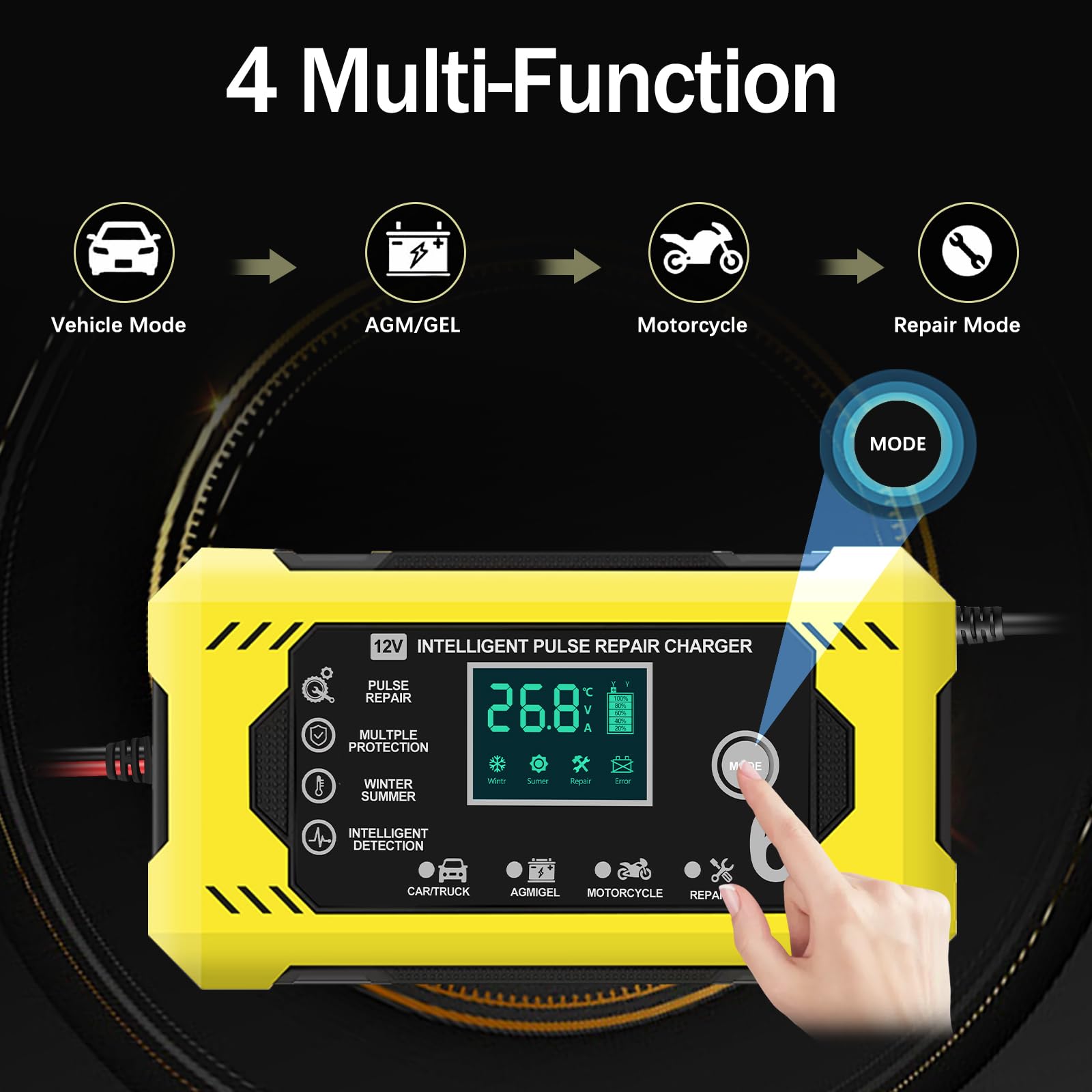 Caricabatterie per Auto, YOYOPOW Carica Batteria Manutentore per Auto e Moto 6A/12V Caricatore Portatile con Intelligente Schermo LCD per Caricare e Riparare Batterie al Piombo-Acido