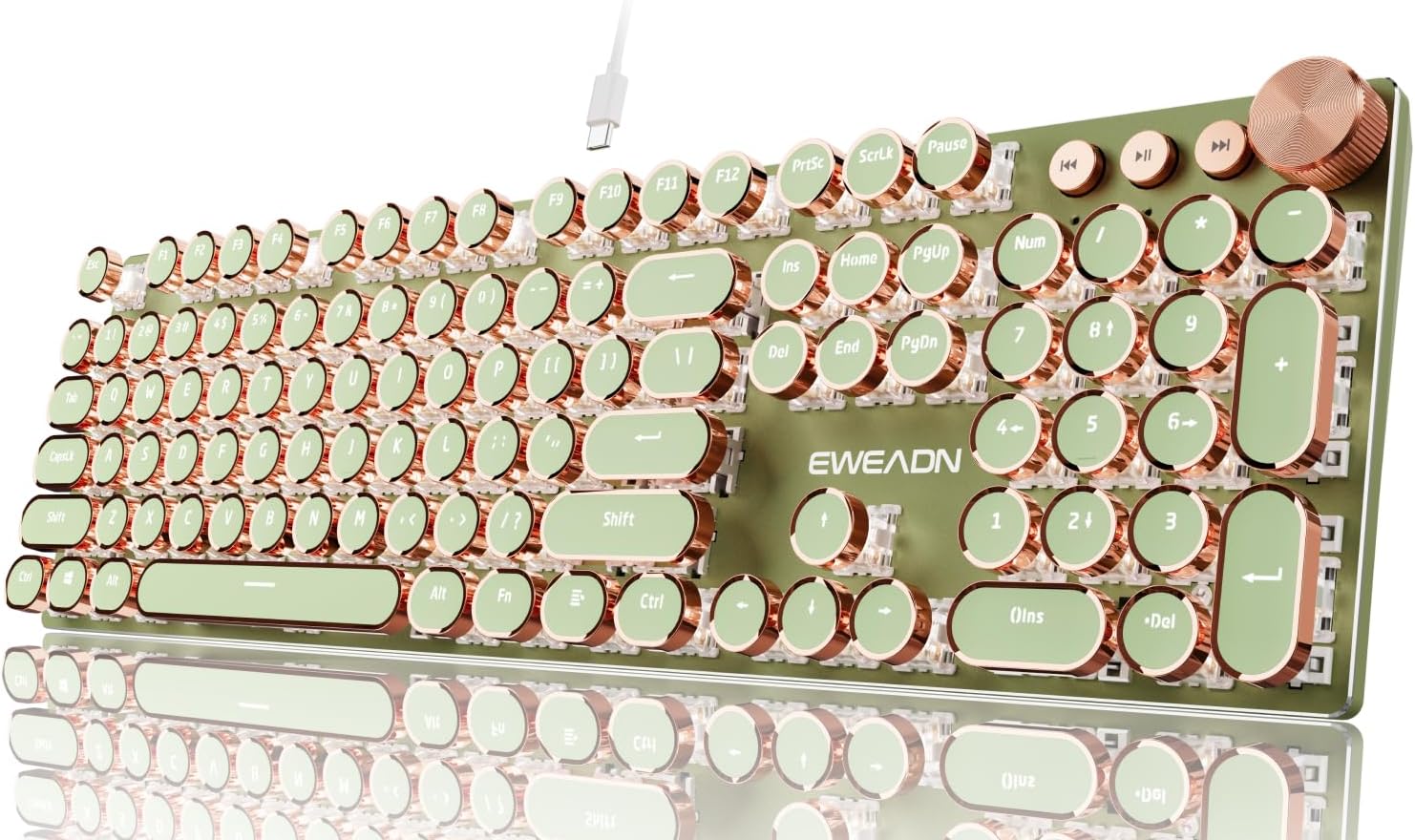 SEUNKWANG EWEADN Typewriter Style Mechanical Gaming Keyboard,104 Keys Backlit LED Keyboard, Media Control Knob, Wired Computer Keyboard Pink Switch for Windows/Mac/PC-Green