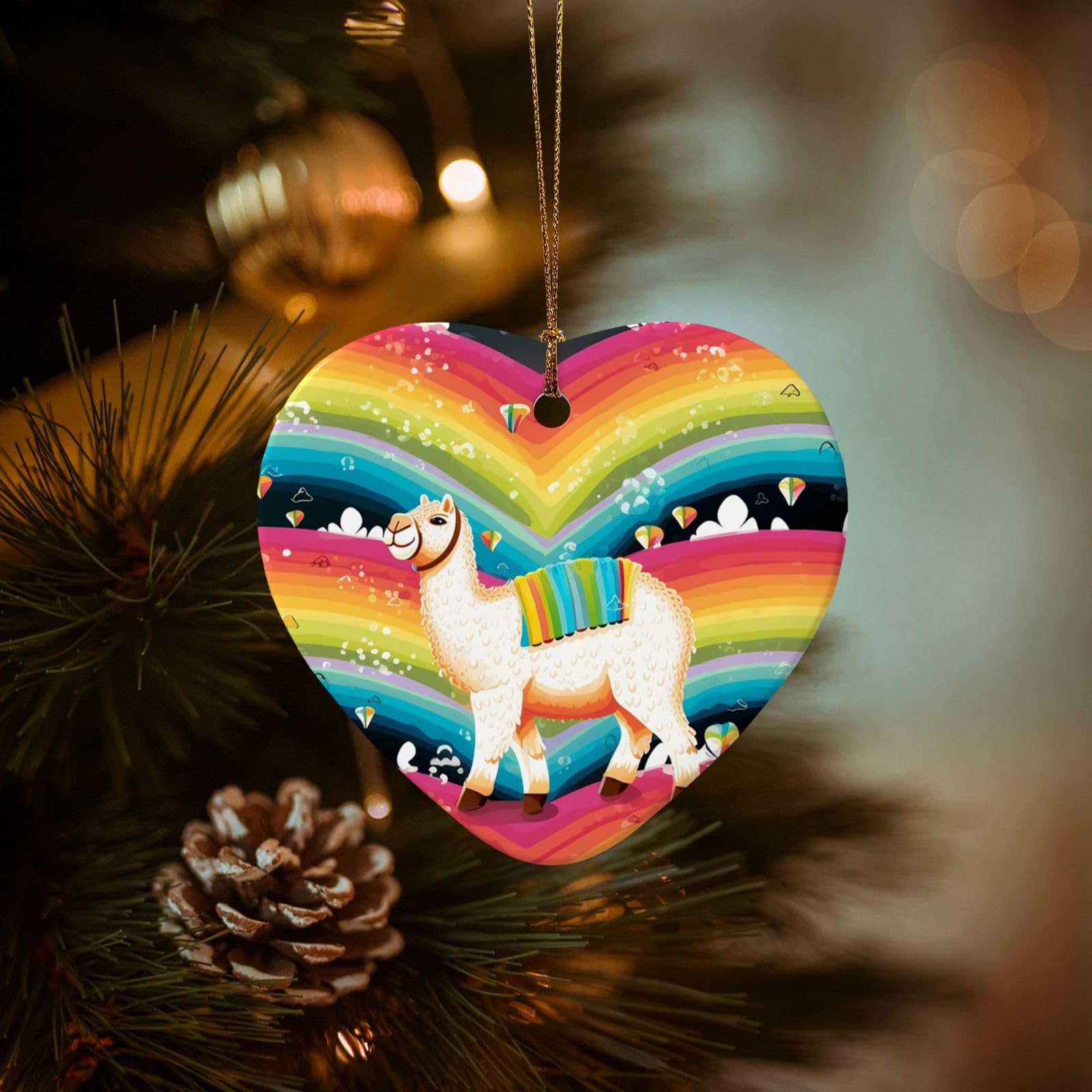 Christmas Tree Ornaments Ceramics Christmas Decorations Camel and Rainbow Ornaments with Gold Ribbon Porcelain Xmas Tree Crafts Heart Shape Hanging Pendant for Christmas Tree Party Decor