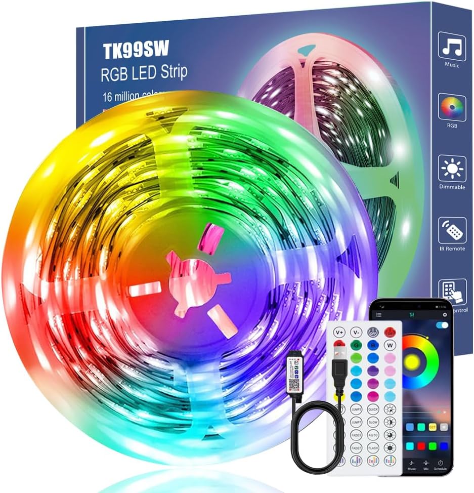LED Strip Lights 8M, Bluetooth RGB Light Strips with Remote & App, Colour Changing Tape Lights, Music Sync Built-in Mic, USB Powered for Bedroom, Living Room, Kitchen, Ceiling & Party Decor