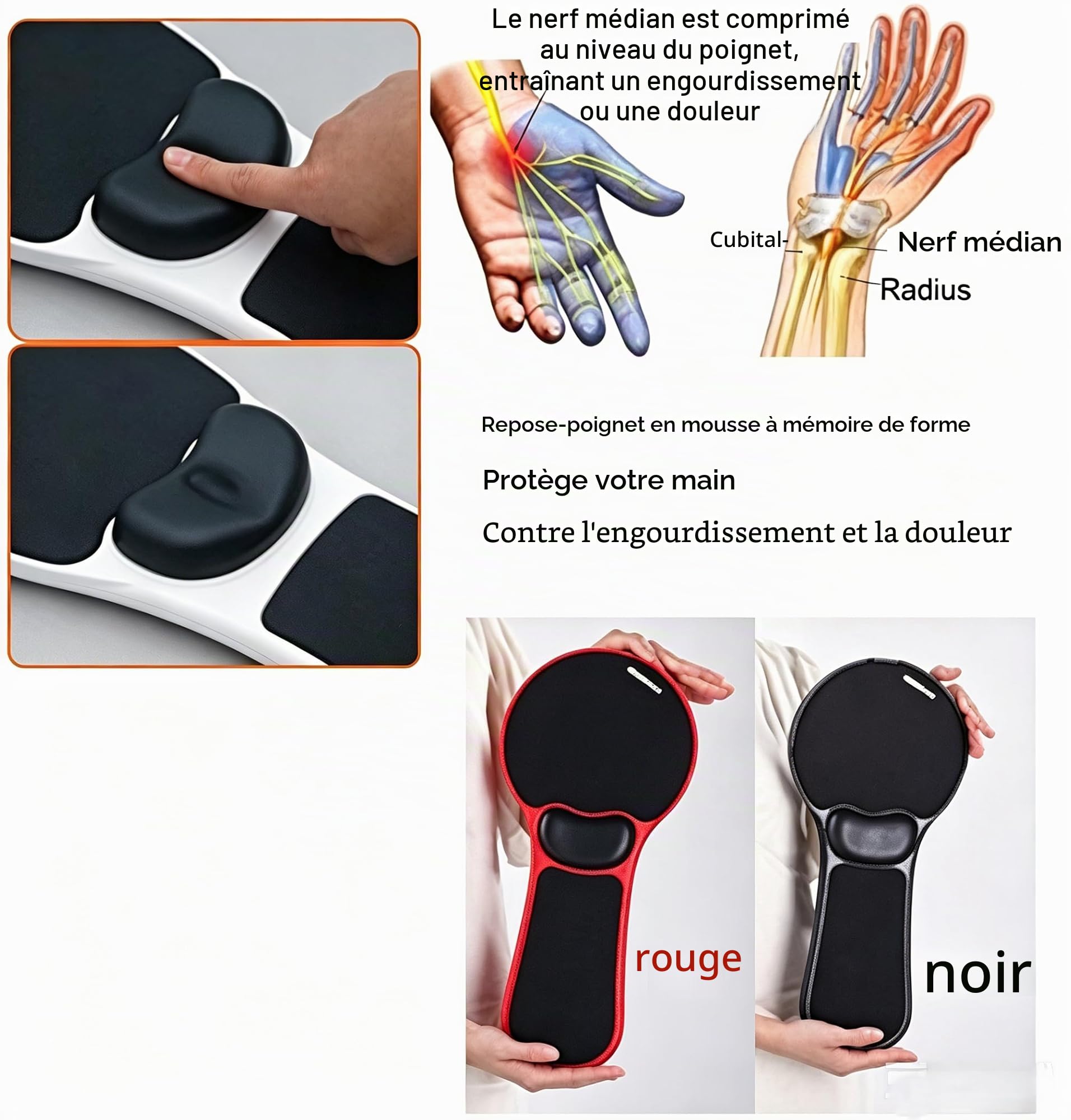 Xichen® Repose-poignet et avant bras ergonomique réglable pour bureau et chaise, tapis de souris noir