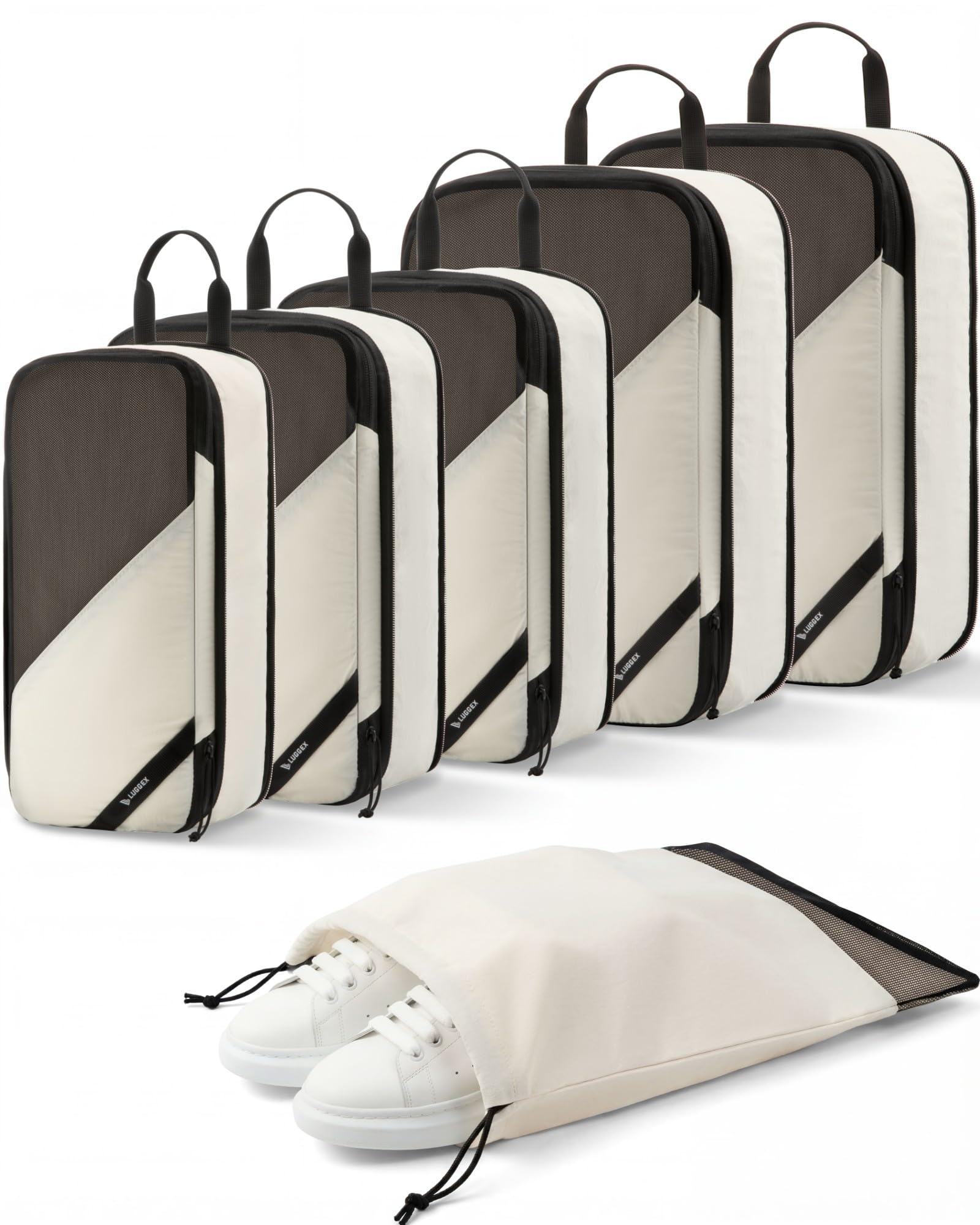 LUGGEX Compression Packing Cubes for Travel POX01 Luggage Organizers Bags Suitcase Organizer with Shoe Bag 6 Set Travel