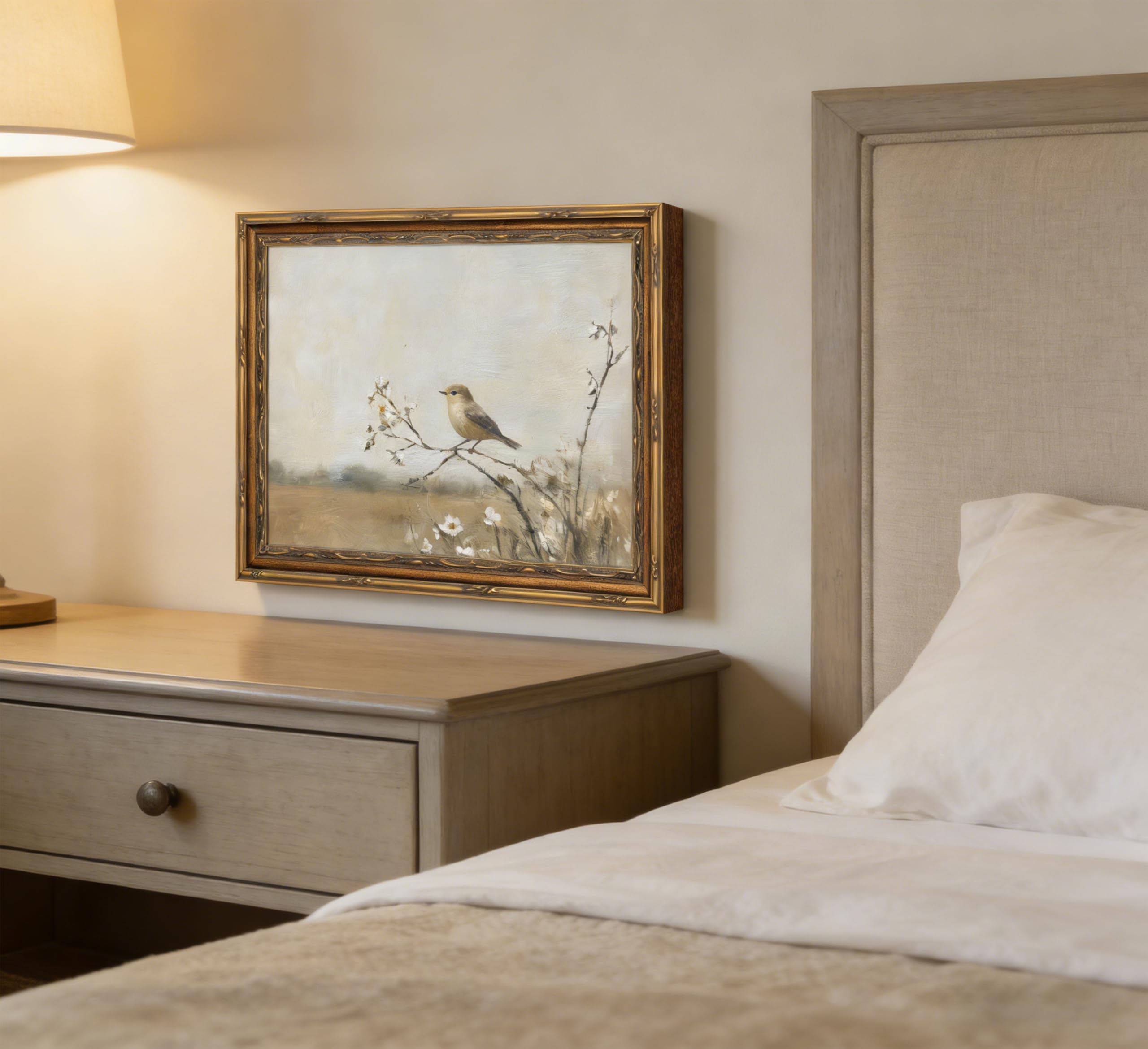 Vintage Gold Framed Bird Wall Art Spring Songbird on Floral Branch Painting Canvas Rustic Nature Woodland Picture Wall Decor Muted Farmhouse Print Artwork For Living Room Bedroom Entryway - 3