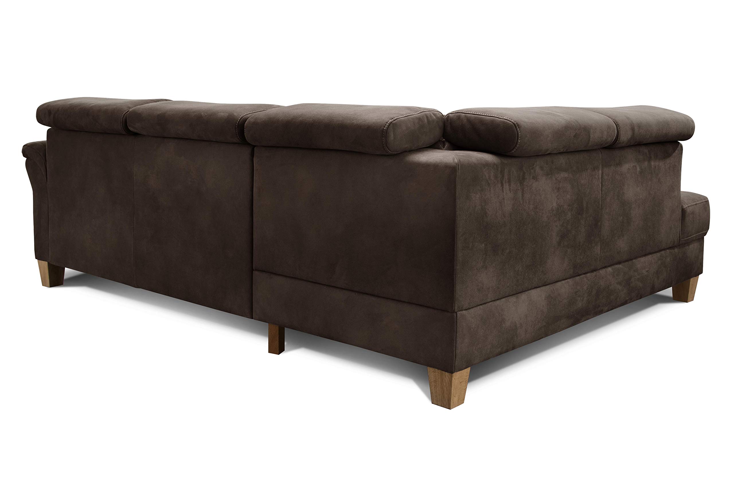 CAVADORE - Divano letto Ammerland con ottomana a destra, in stile country, con poggiatesta regolabile, letto e cassettone, 245 x 84 x 194, effetto pelle, colore: marrone