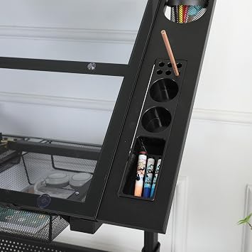 Miscoos Hand Crank Adjustable Drafting Table Drawing Desk with 2 Metal Drawers and Stool, Black, Tempered Glass, Sheet Metal