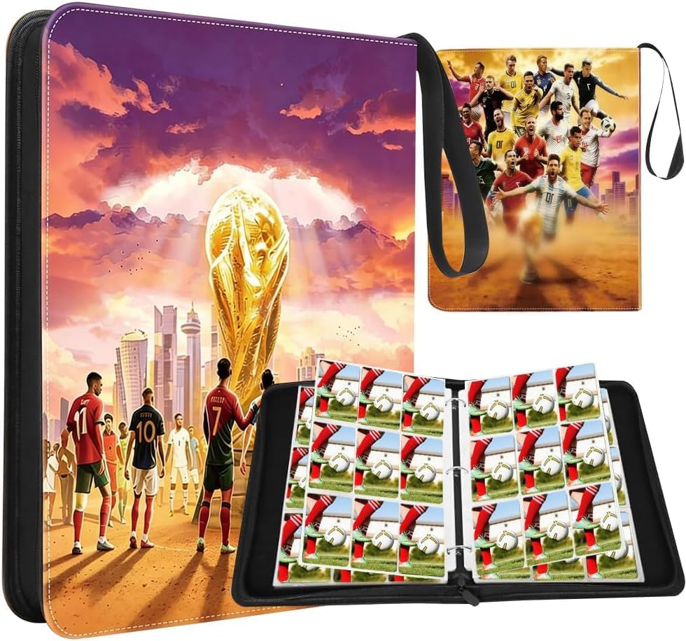 Football Card Binder 9 Pocket Card Collection Folder with 50 Removable Sleeves Fits 900 Sport Cards Trading Card Games Collection with Zipper and Handle Strap Removable Match Attax Binder