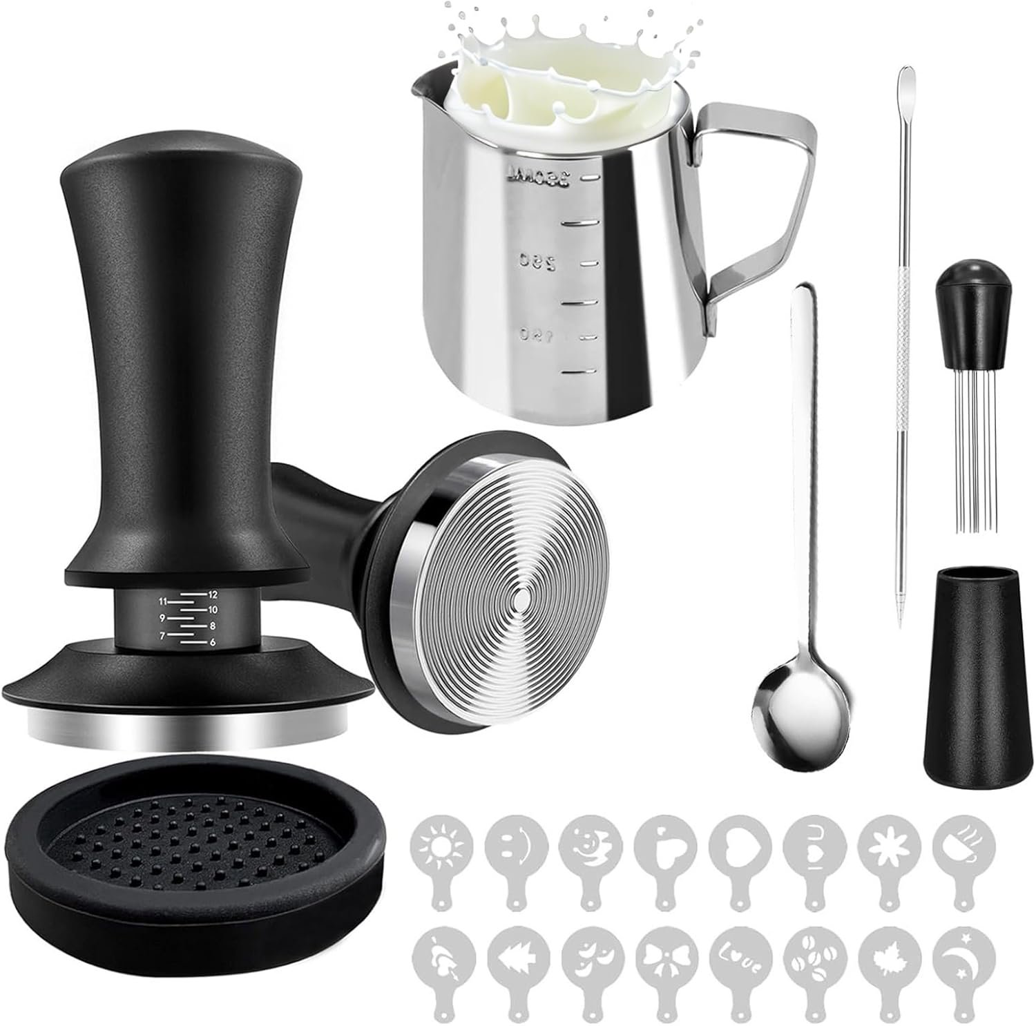 22 Pcs Espresso Distribution Tool, Espresso Tamper 58mm, Include WDT Tool, Coffee Stirrer, Frothing Pitcher, Latte Art Pen, Tamper Mat and 16 Coffee Stencils, for Baristas and Coffee Lovers