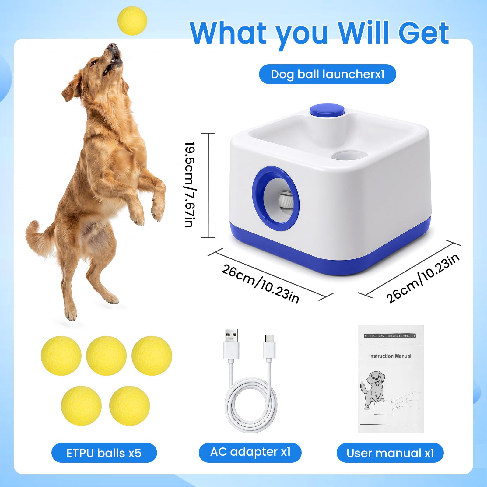 jianyana Lanciatore automatico di palline per cani, giocattolo interattivo automatico e manuale, doppia modalità, 4 distanze regolabili con 4 palline in ETPU, anti-inceppamento, per casa, giardino