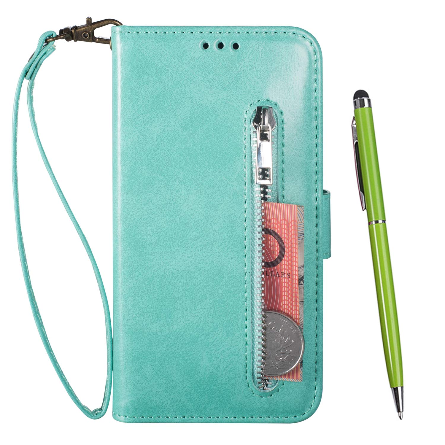TOUCASACase for Samsung Galaxy J7 2017 / J730, PU Leather Zip Card Slots Wallet Style Case TPU Silicone Internal Case [Folding Stand Function] [Strap] (Green)