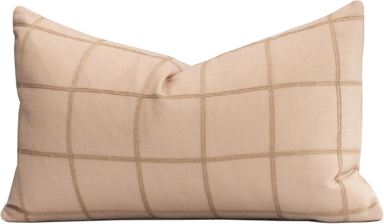 Crumbs Home Modern Farmhouse Fall Linen Indoor Outdoor Lumbar Pillow Cover Only, 12"x20" Water Repellent for Patio, Backyard, Couch, Ivory Cream Plaid