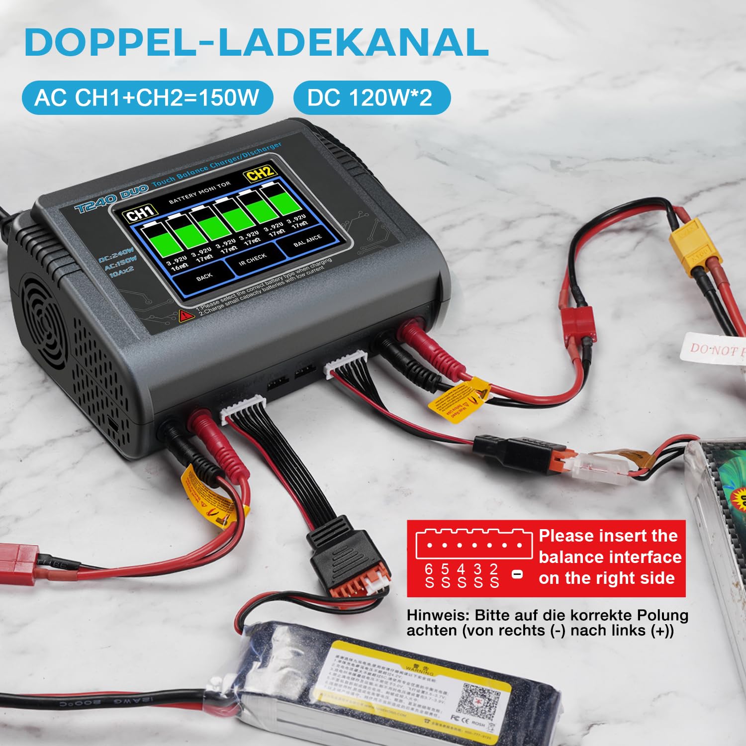HTRC Duo RC Balance Ladegerät/Entlader für Lilon LiPo Life LiHV NiCd NiMH PB Smart Batterie Dual-Multi-Ladegerät AC 150W / DC 240W 10A