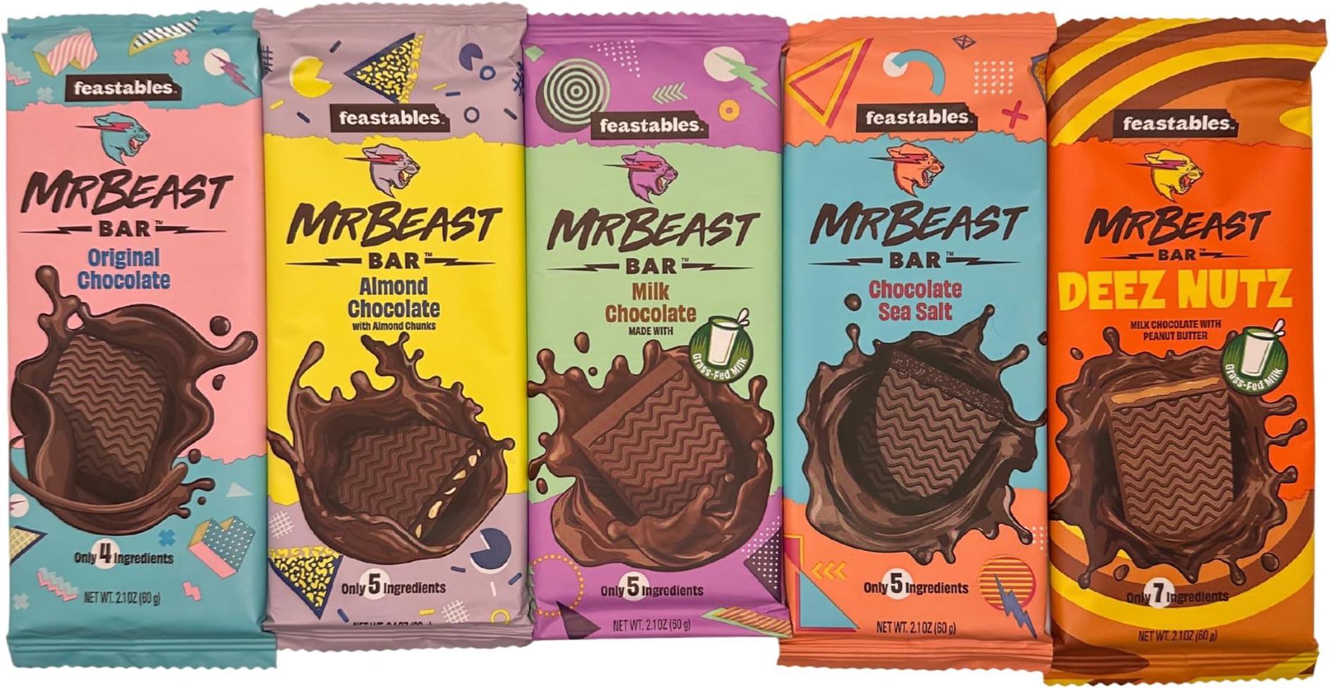 Feastables Mr Beast Chocolate Bars – NEW Deez Nuts Peanut Butter Milk Chocolate, Original Dark, Milk Chocolate, Sea Salt and Almond Chocolate Bars (5 Pack)