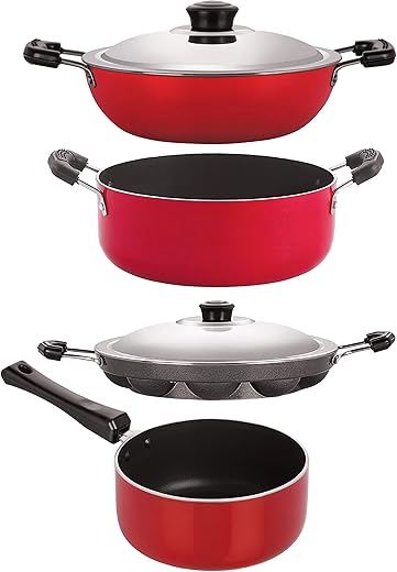 Nirlon Non-Stick Aluminium Cookware Set of 4Pcs Red Color(DKD(B)_SP(M)_AP12_CS24)
