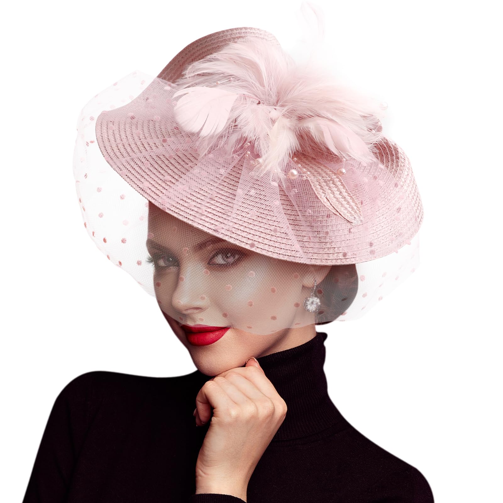 Photo 1 of AQOKKA Women Fascinators Hats Flower Mesh Feathers with Headband and Clip Tea Party Headwear for Girls and Women