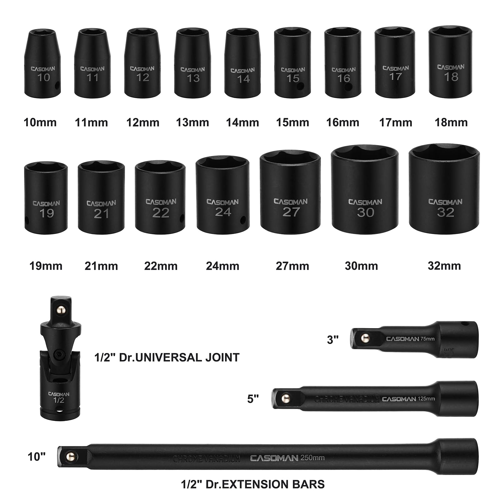 CASOMAN Set di chiavi a bussola piatte da 1/2", metriche, 10 mm-32 mm, CR-V, 6 punte, 20 pezzi, 1/2", con asta di prolunga e giunti universali