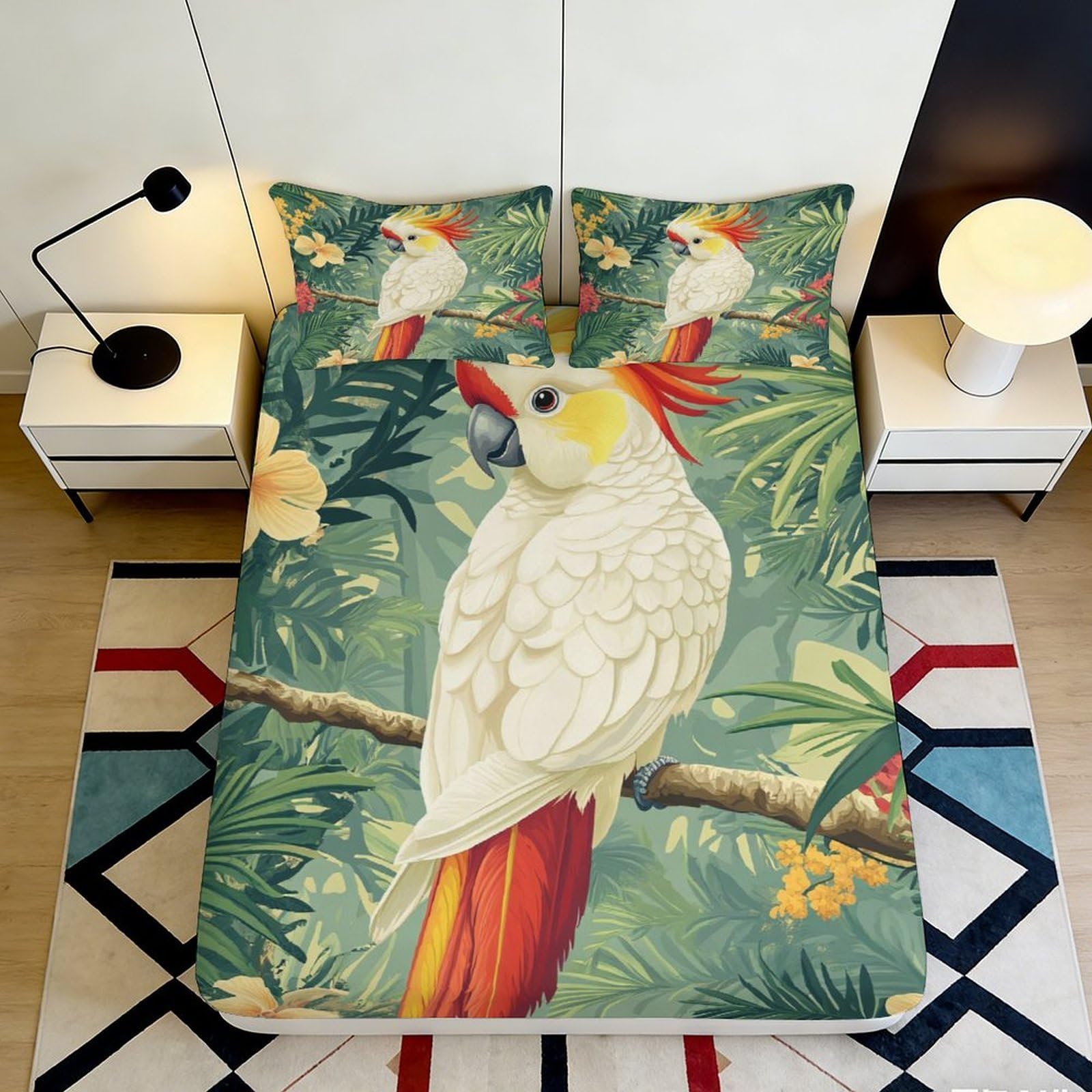 3D Printed Tropical Parrot Fitted Sheet Microfiber Bedroom Bedding Non-Slip Deep Pocket Tropical Parrot Mattress Fitted Cover for Adult Teen 180x200x25cm