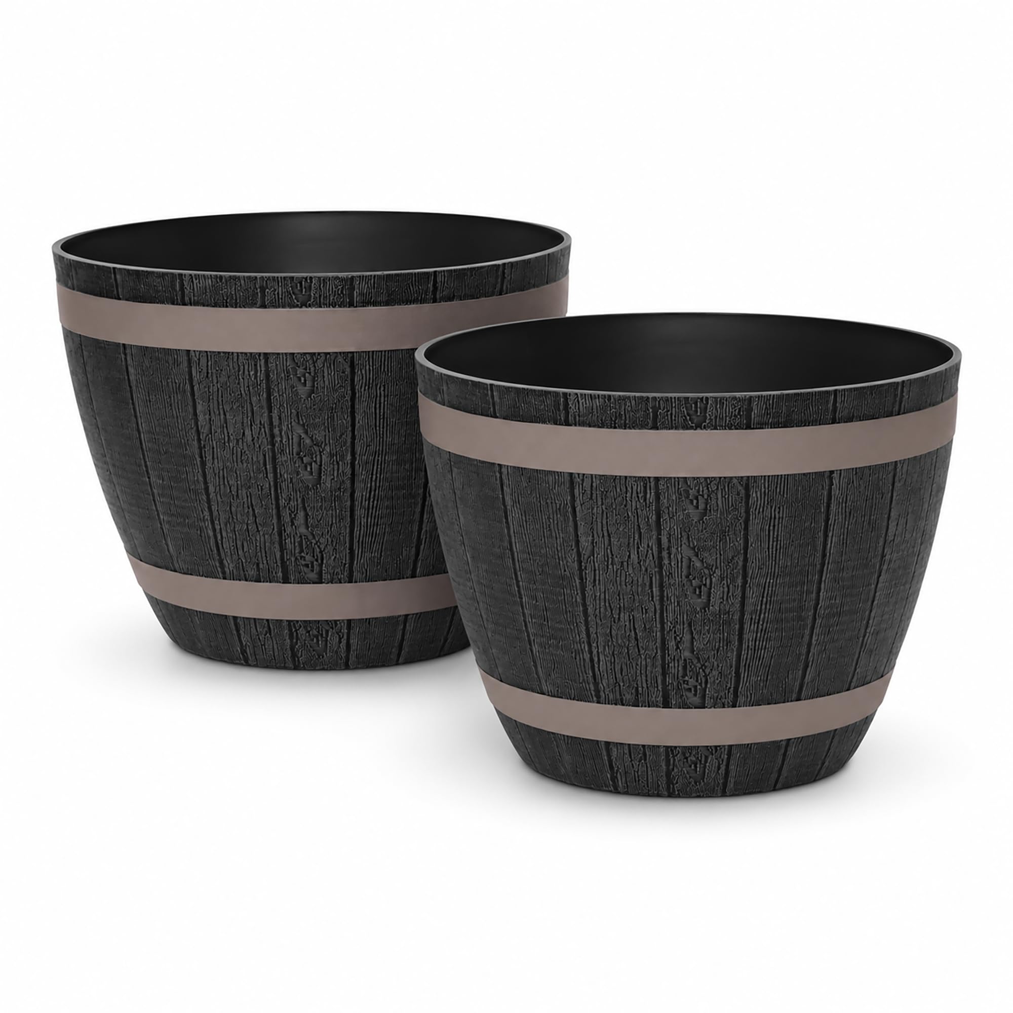 simpa Rustic Style Dark Grey Plastic Half Barrel Cask Planters 51cm Diameter - Set of 2 - Indoor & Outdoor Flower/Plant Pot.