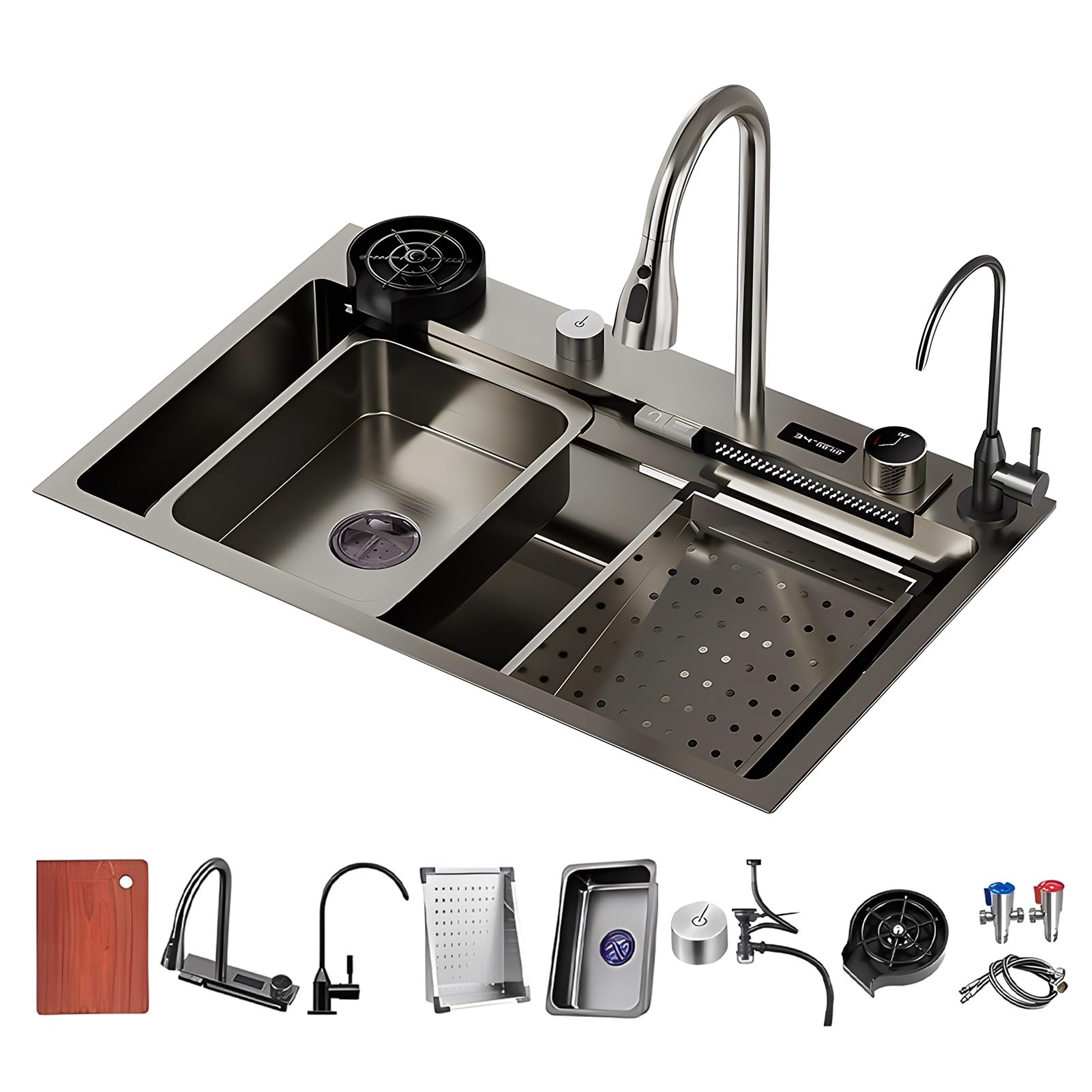 WIQUYBML Single Bowl Kitchen Sink,Raindance Waterfall Sink,Knob Drainage,Glass Rinser,LED Temperature Display,with Drain Strainer and Accessories (Size : 80x46x22cm)