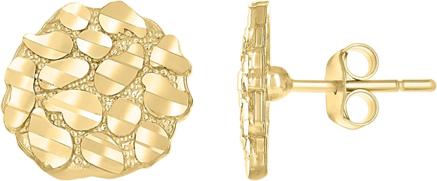 10kt Yellow Gold Unisex Round Nugget Stud Earrings