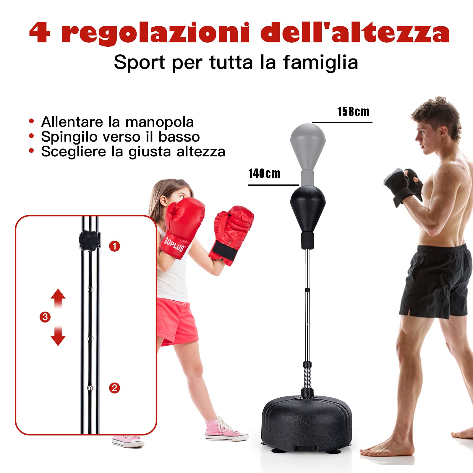 COSTWAY Sacco da Boxe da Terra Regolabile in 4 Posizioni, Sacco da Boxe con Supporto e Base Stabile, Ideale per Adulti e Bambini