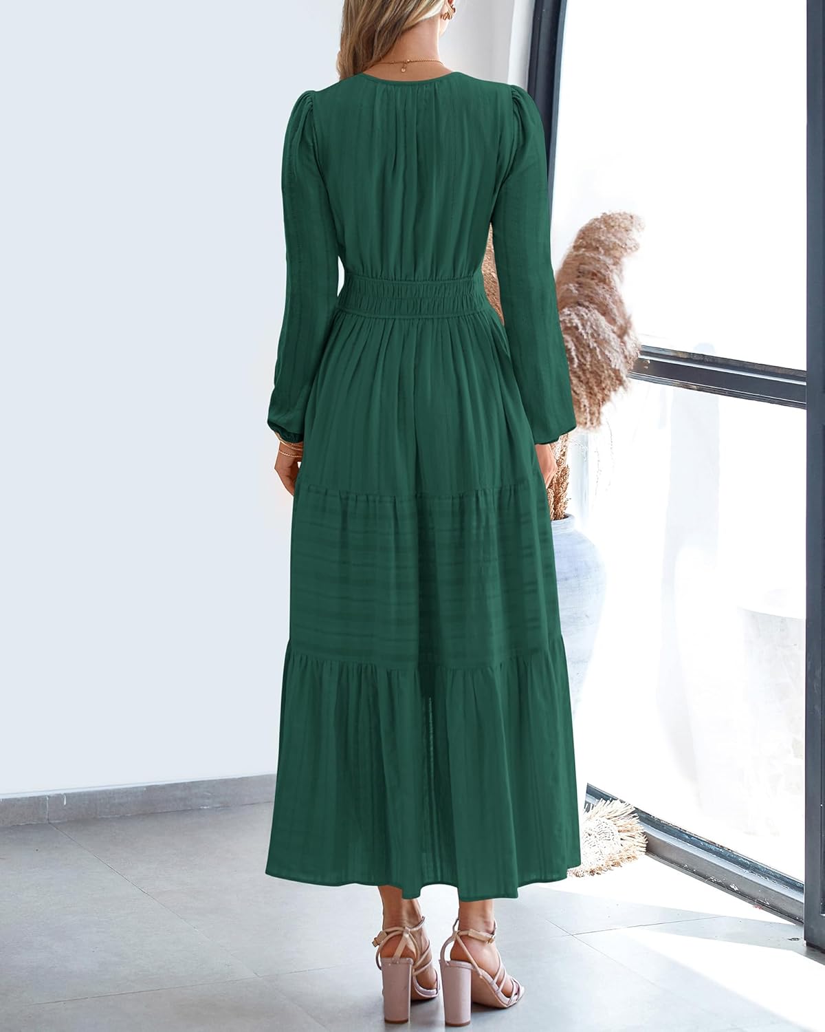 BTFBM Spring Dresses for Women 2026 Casual Long Sleeve V Neck Elastic Waist Lightweight Maxi Wedding Guest Dress Pockets - Image 3