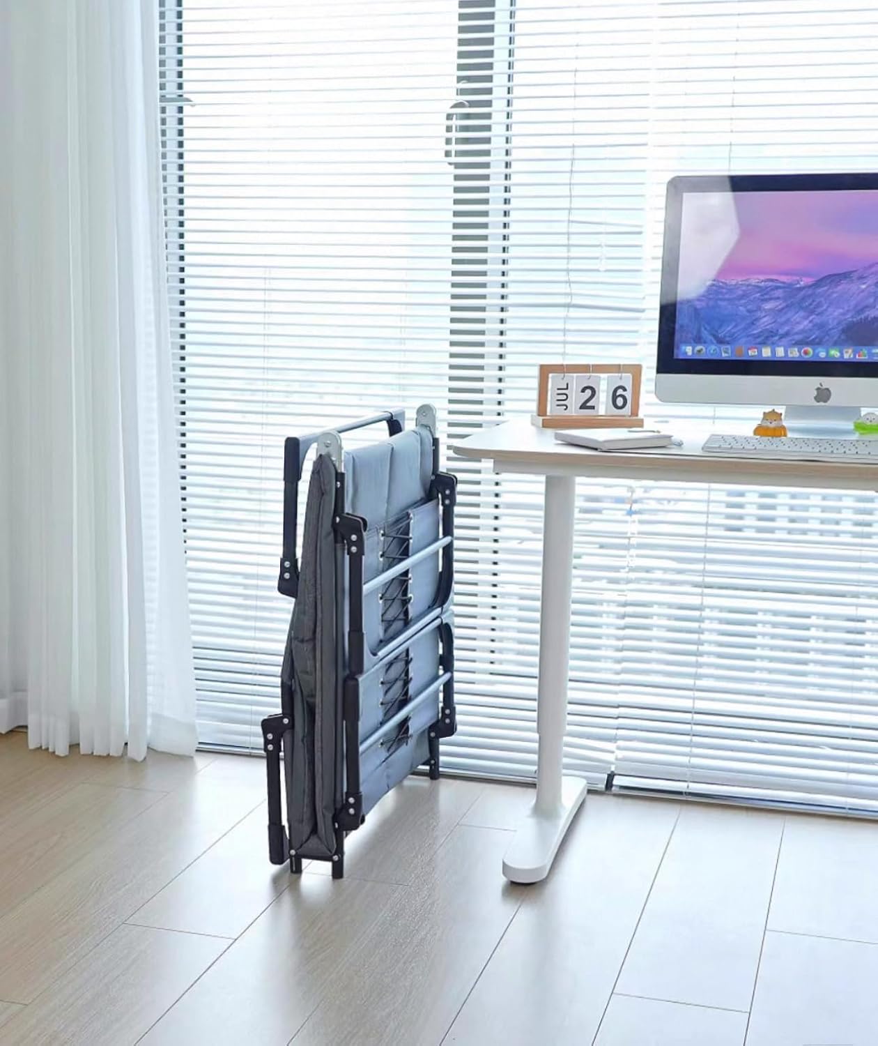 Portable Folding Bed with Recliner, Single Size, Gray Cushioned Military-Style Cot for Office and Hospital Use