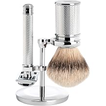 M HLE Traditional 3-pc. Shaving Set, Safety Razor, Shaving Brush, Stand | Wet Shaving Set, Safety Razor Closed Comb, Brush Silvertip Badger, Holder, for Beard, face, chrome-plated