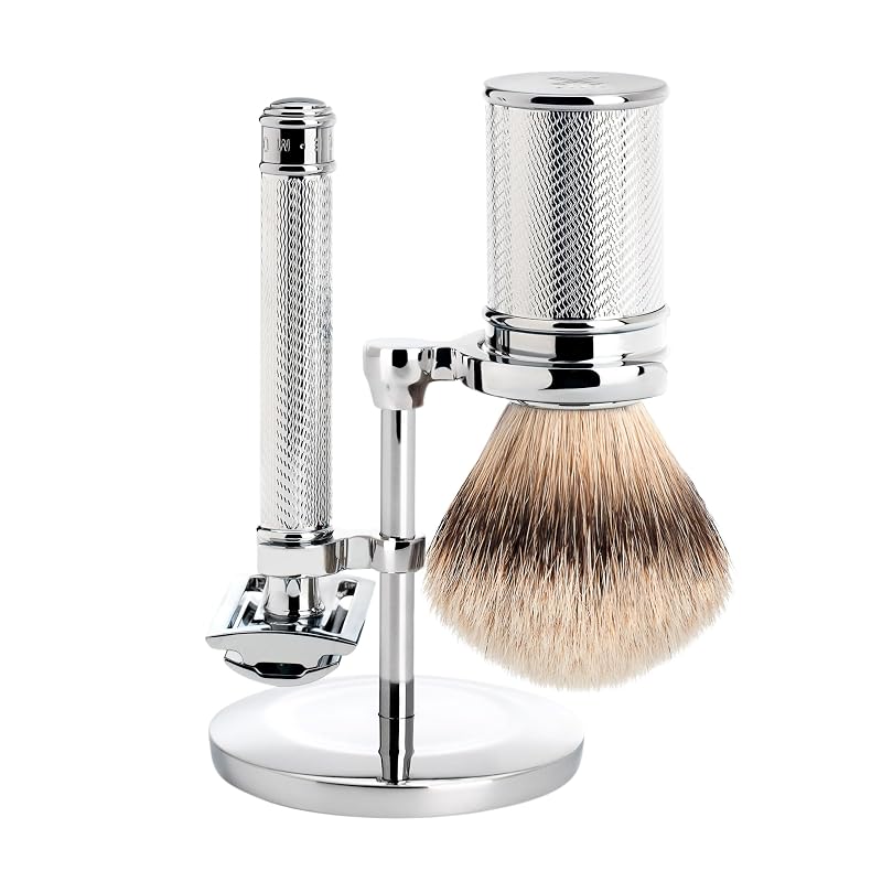 MÜHLE Conjunto de Barbear com Barbeador de Segurança de Pente Fechado e Escova Silvertip em Cromo