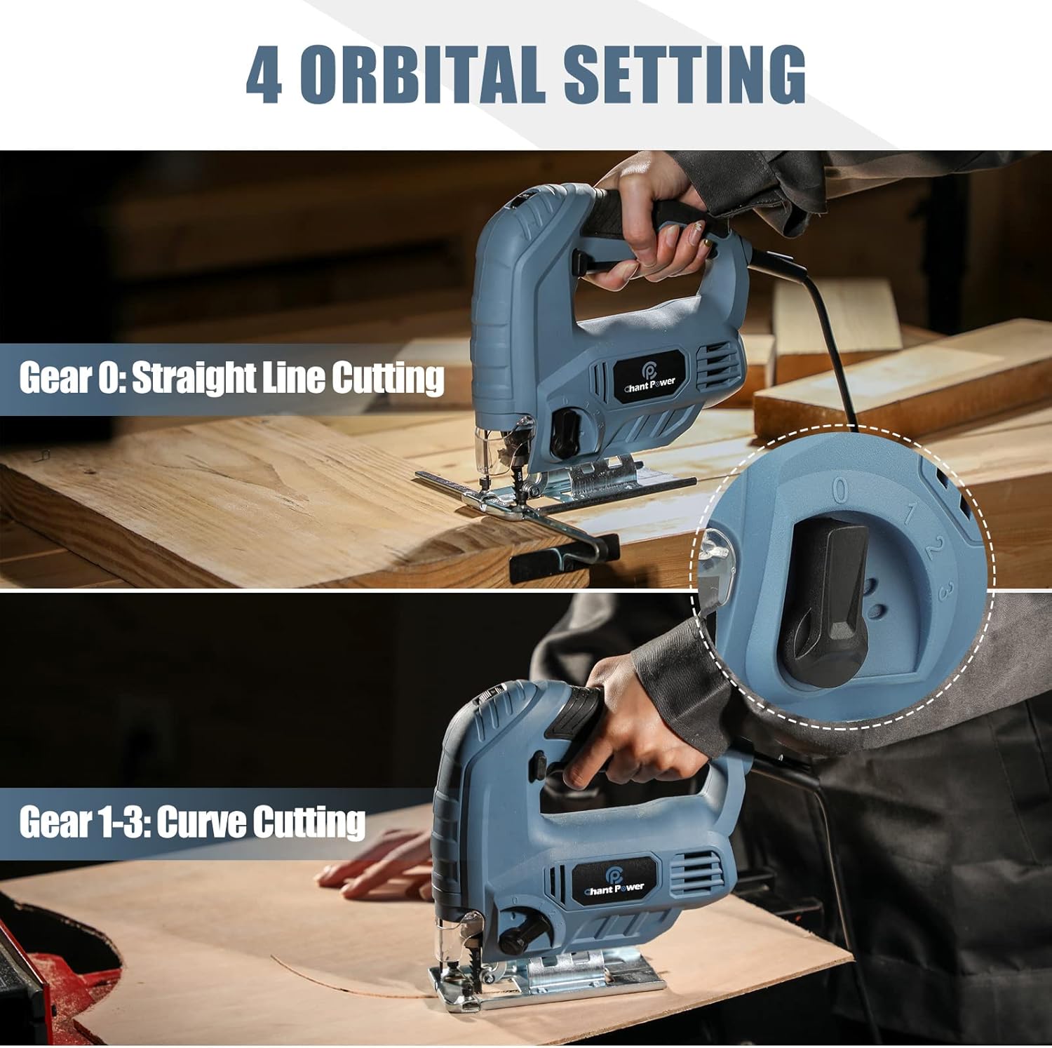 C P CHANTPOWER Jigsaw Tool, 600W 800-3000 SPM Jig Saw with 6 Variable Speed, 4 Orbital Sets, 6 T-Shank Saw Blades, Scale Ruler, ±45°Bevel Cutting Angle