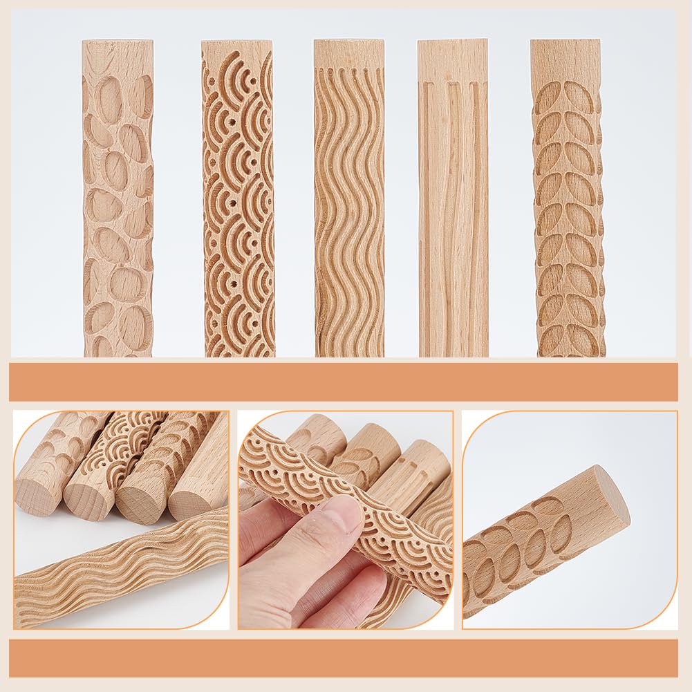 arricraft 5 outil de Poterie avec Manche en Bois 5 styles Rouleaux à Motifs Ondulés et Ondulés pour Gaufrage et Modelage D'Argile pour Bricolage Poterie Pâtes Céramique
