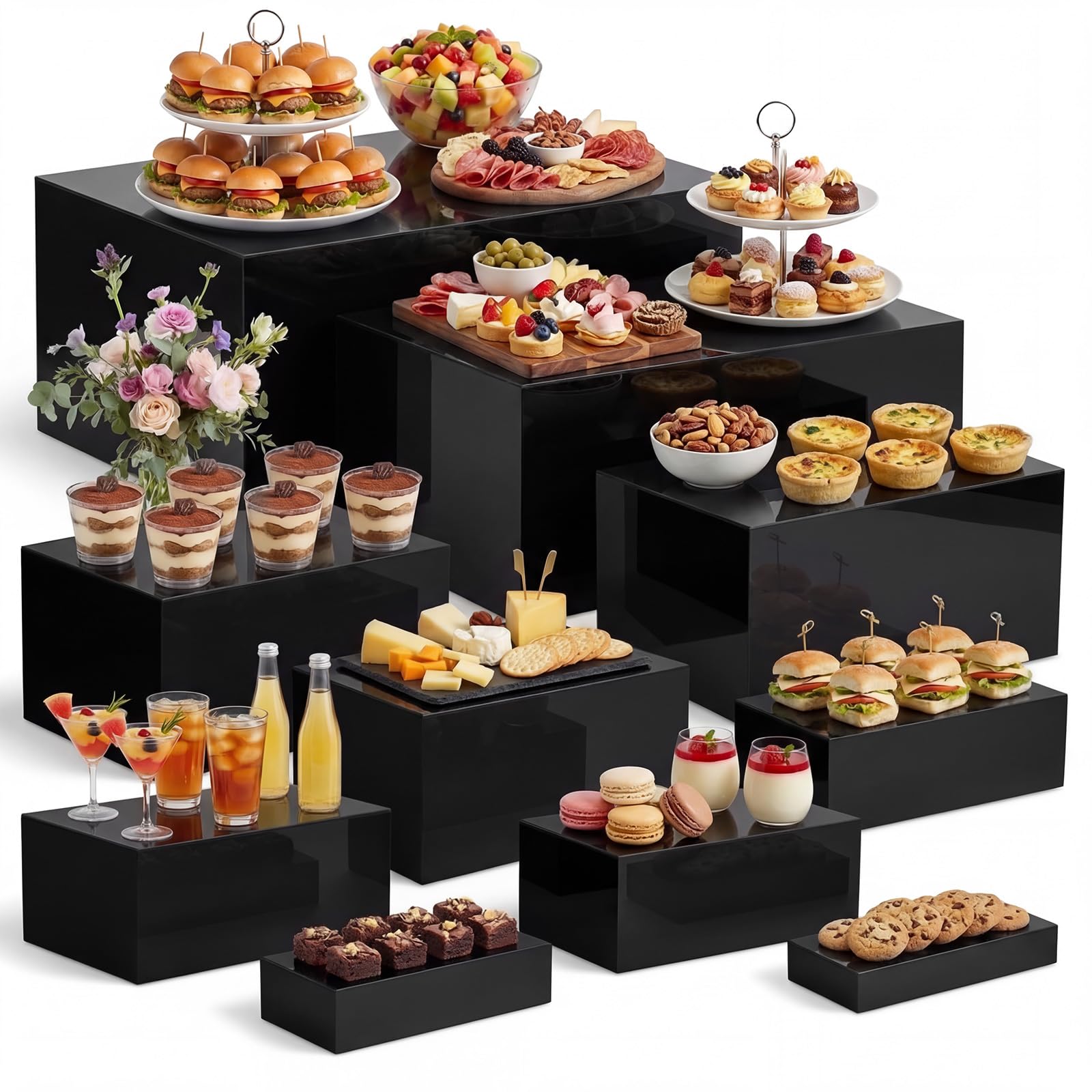 Photo 1 of *** CRACKED CORNERS ***Leinuosen 10 Pcs Extra Large Acrylic Buffet Risers for Food Display Stands Box, Rectangle Catering Dessert Table Risers Decorative 7 to 16 Inch, Hollow Bottom for Weeding Brunch Party Supplies(Black)