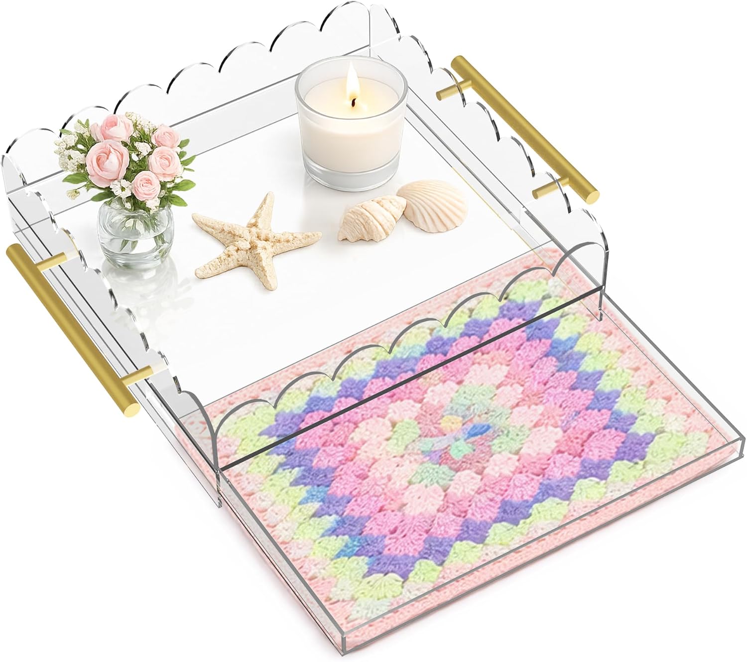 Scalloped Acrylic Tray, 12" x 12" Acrylic Trays for Needlepoint with Metal Handles and Pull-Out Drawer for Photos, Art Prints, Postcards, Decorative Organizer Trays for Vanity & Home