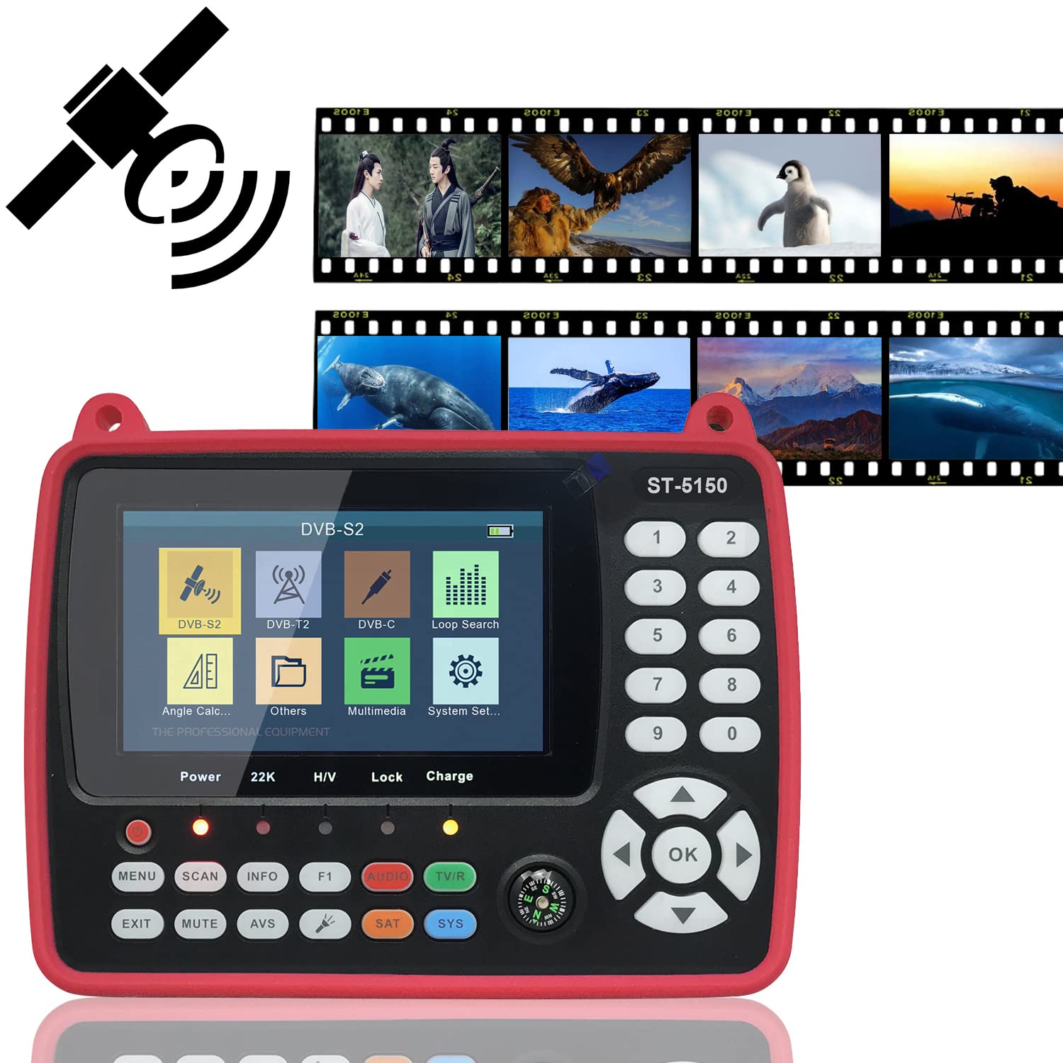 Détecteur de satellite, ST-5150 DVB-S2/T2/C COMBO Satellite TV Signal Finder Digital Handheld Signaler chercheur de satellite H.265 HEVC MPEG-4 4,3 pouces TFT LCD chercheur de satellite
