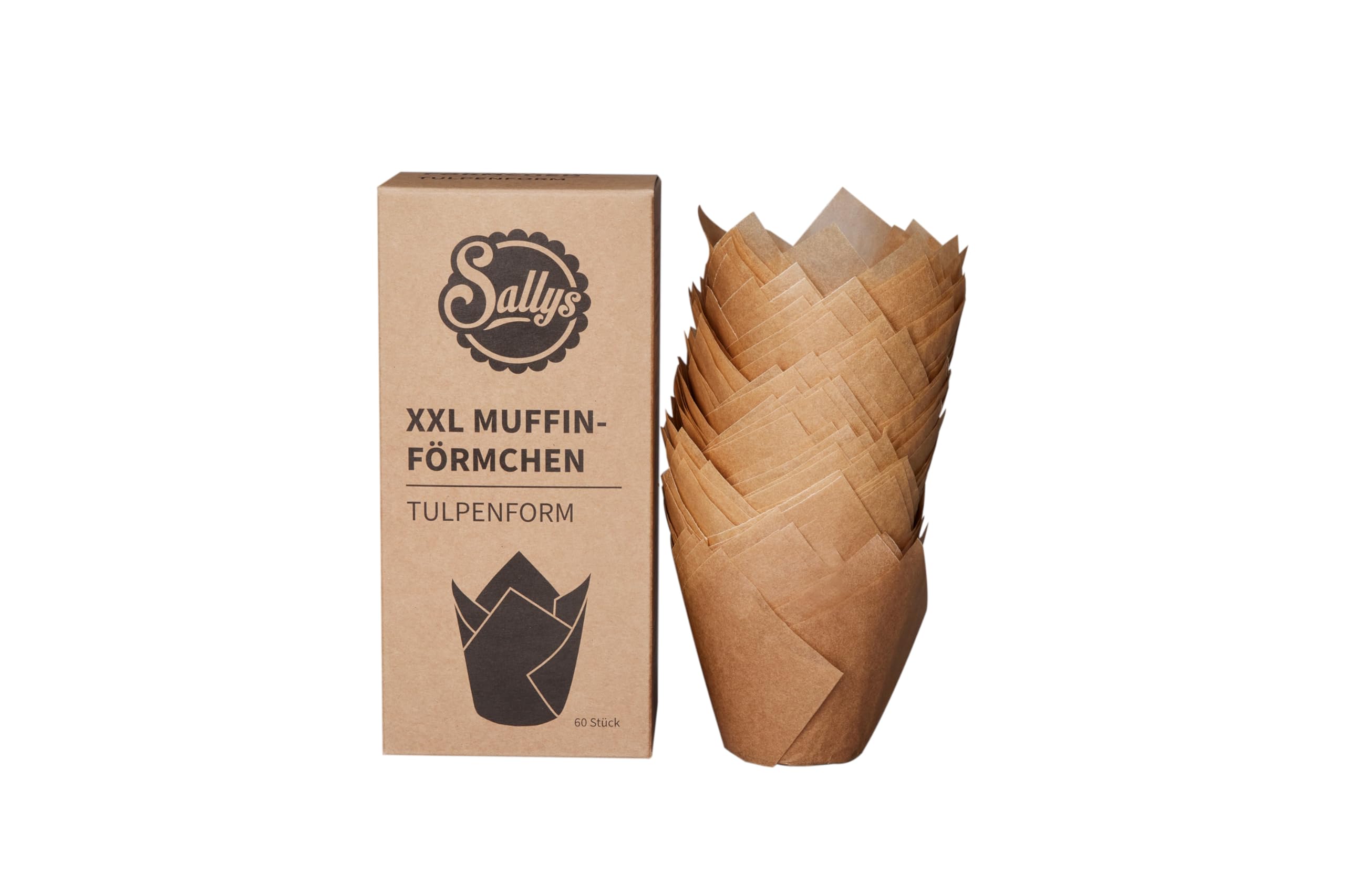 Sallys Pirottini per muffin XXL a forma di tulipano, 60 pezzi – Pirottini di carta a forma di tulipano, colore marrone, non sbiancati