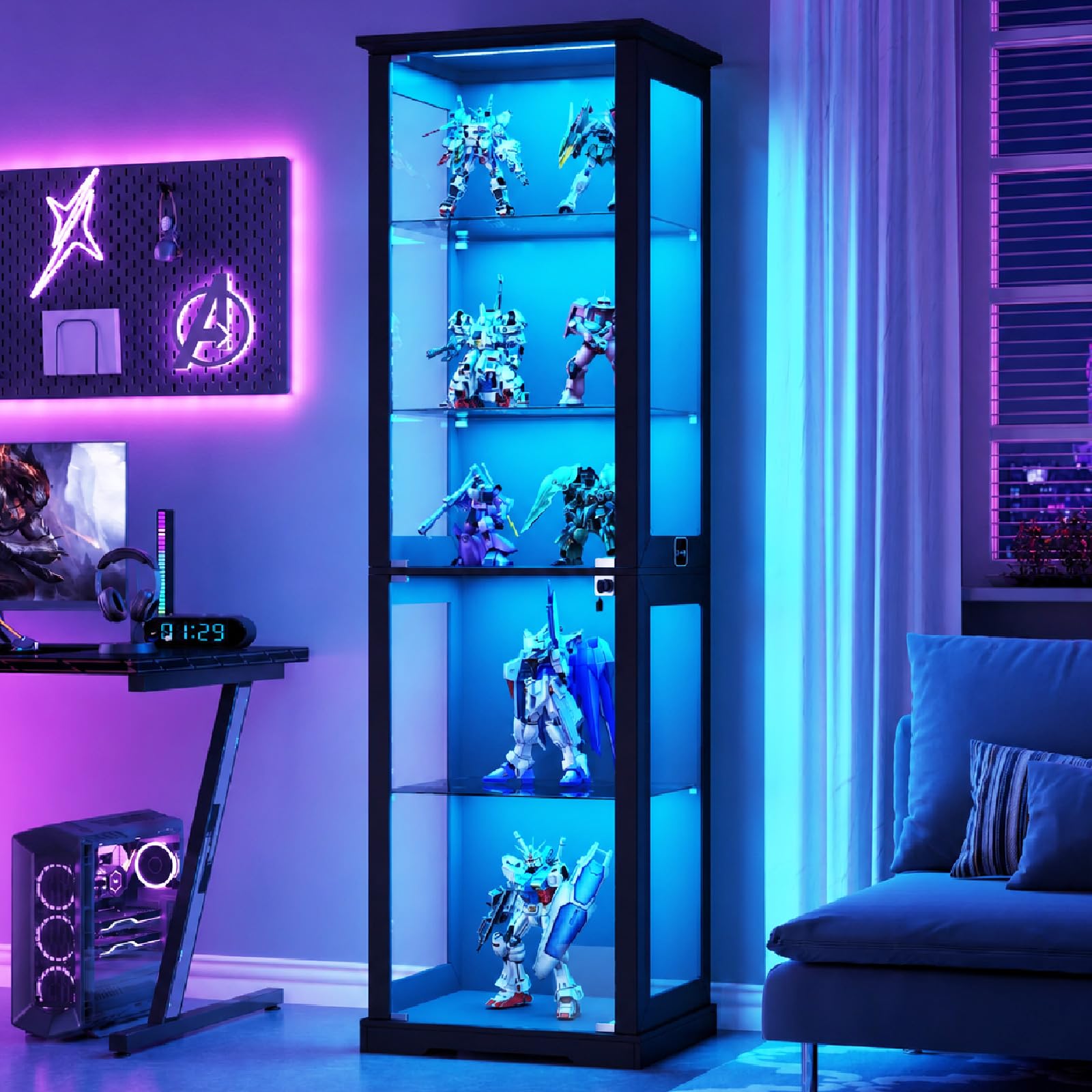 Lvifur Vitrina de cristal de 5 capas de 180 cm, con iluminación LED y puertas de cristal, color negro | Vitrina con sensor inteligente para coleccionables