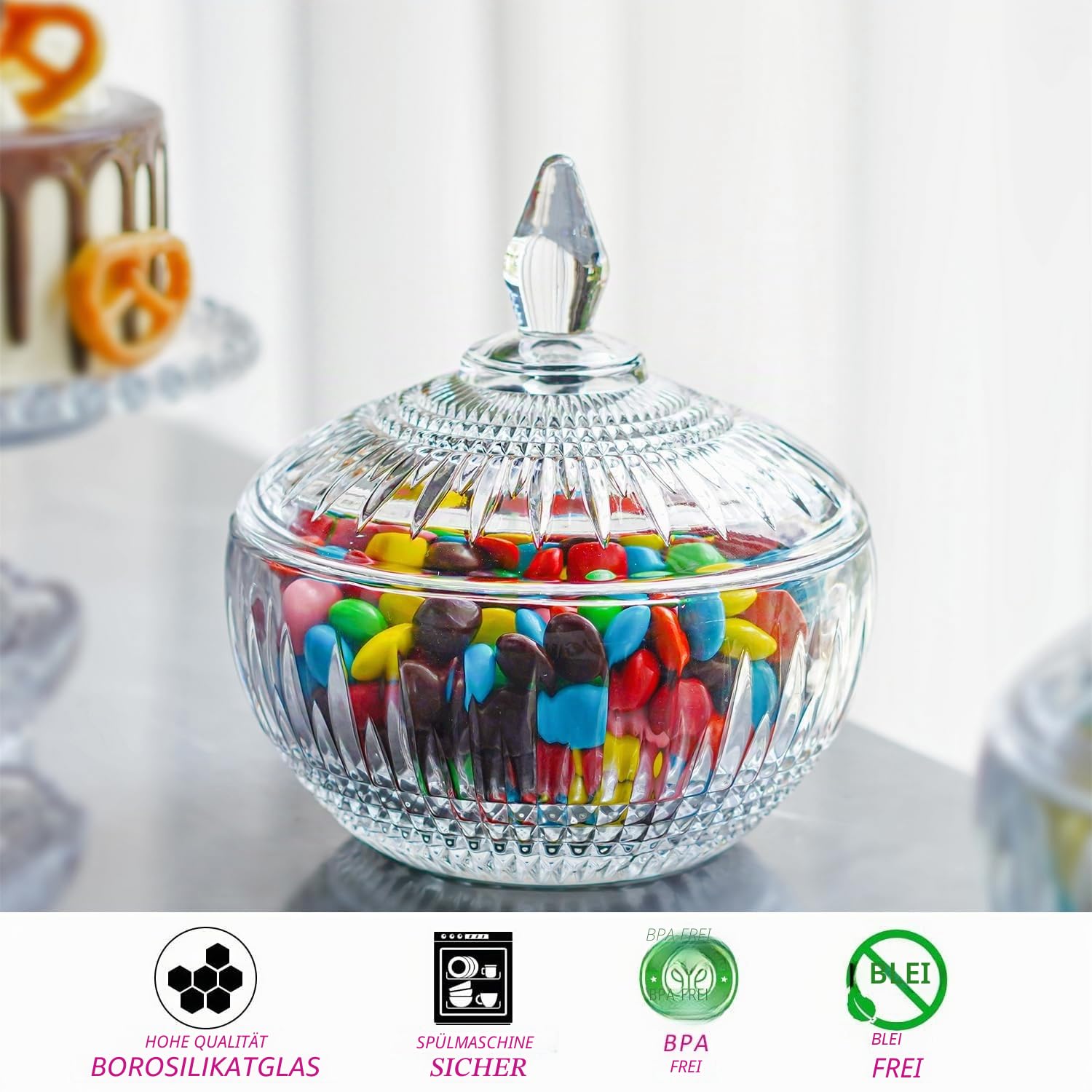 600 ml große Glas-Süßigkeitenschale mit Deckel, klares Kristallglas mit Deckel, dekoratives Glas für Buffet, Party, Hochzeit, Heimdekoration, spülmaschinenfest