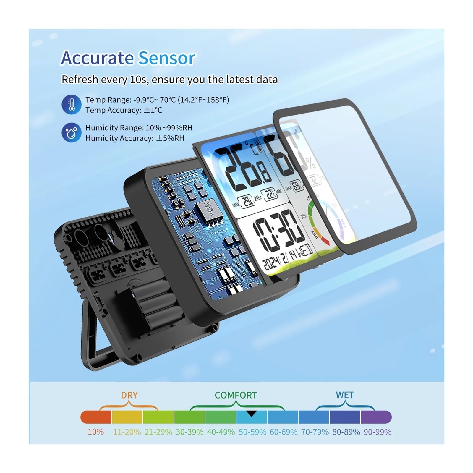 Miernik temperatury i wilgotności LCD ze wskaźnikiem temperatury, ładowaniem przez USB, funkcją daty/zegara, termometrem wewnętrznym, stacją pogodową Prognoza pogody