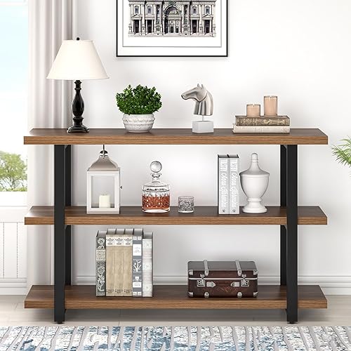 Miniatura 7 de FOLUBAN Mesas de consola para entrada, moderna mesa de sofá de madera y metal con estantes de almacenamiento para sala de estar, pasillo, entrada o